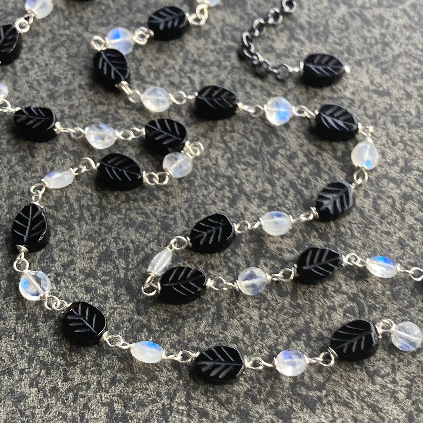 Rainbow Moonstone, Sterling Silver & Black Onyx Leaf Necklace