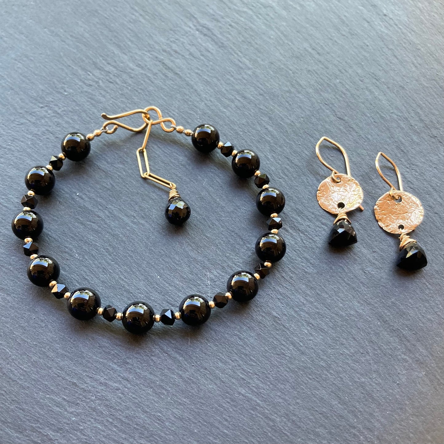 Black Onyx, Gold & Bronze Textured Coin Earrings