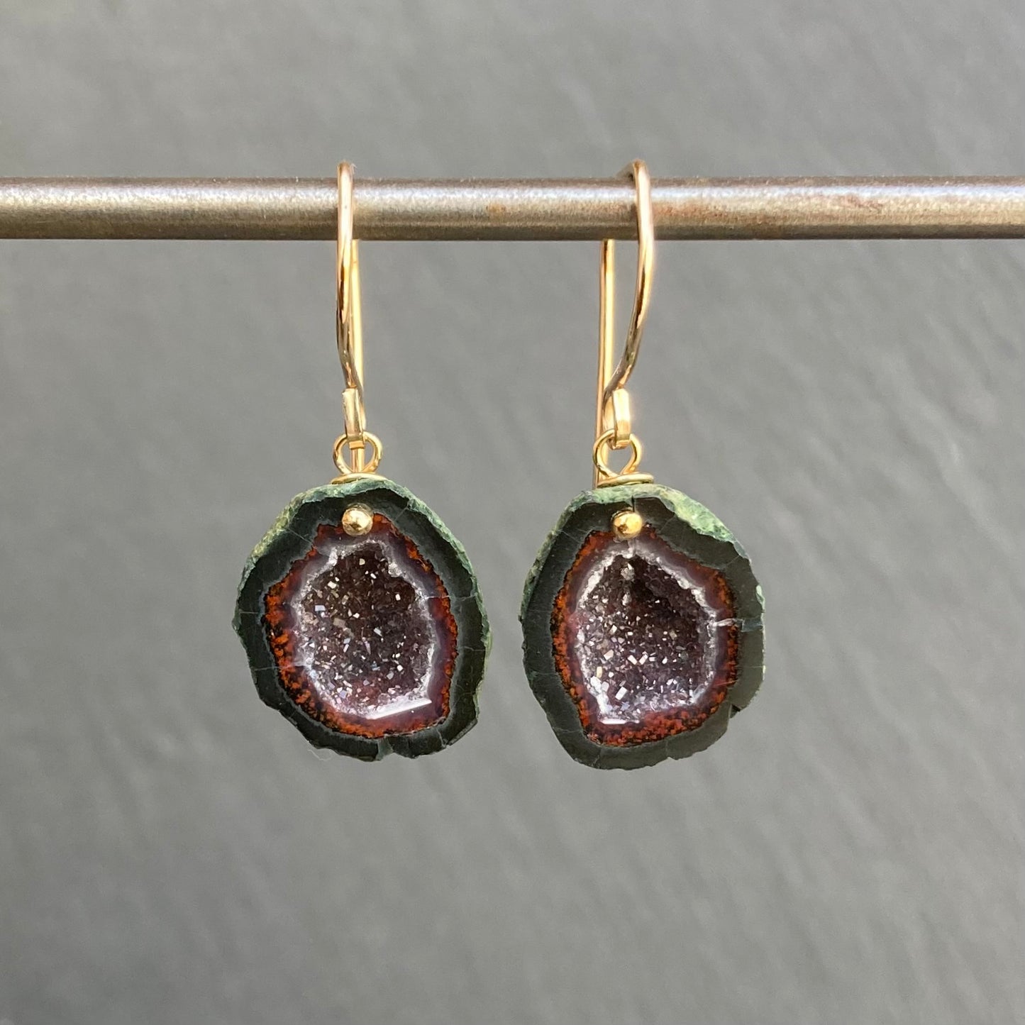 Red Druzy Tabasco Geode & Gold Earrings