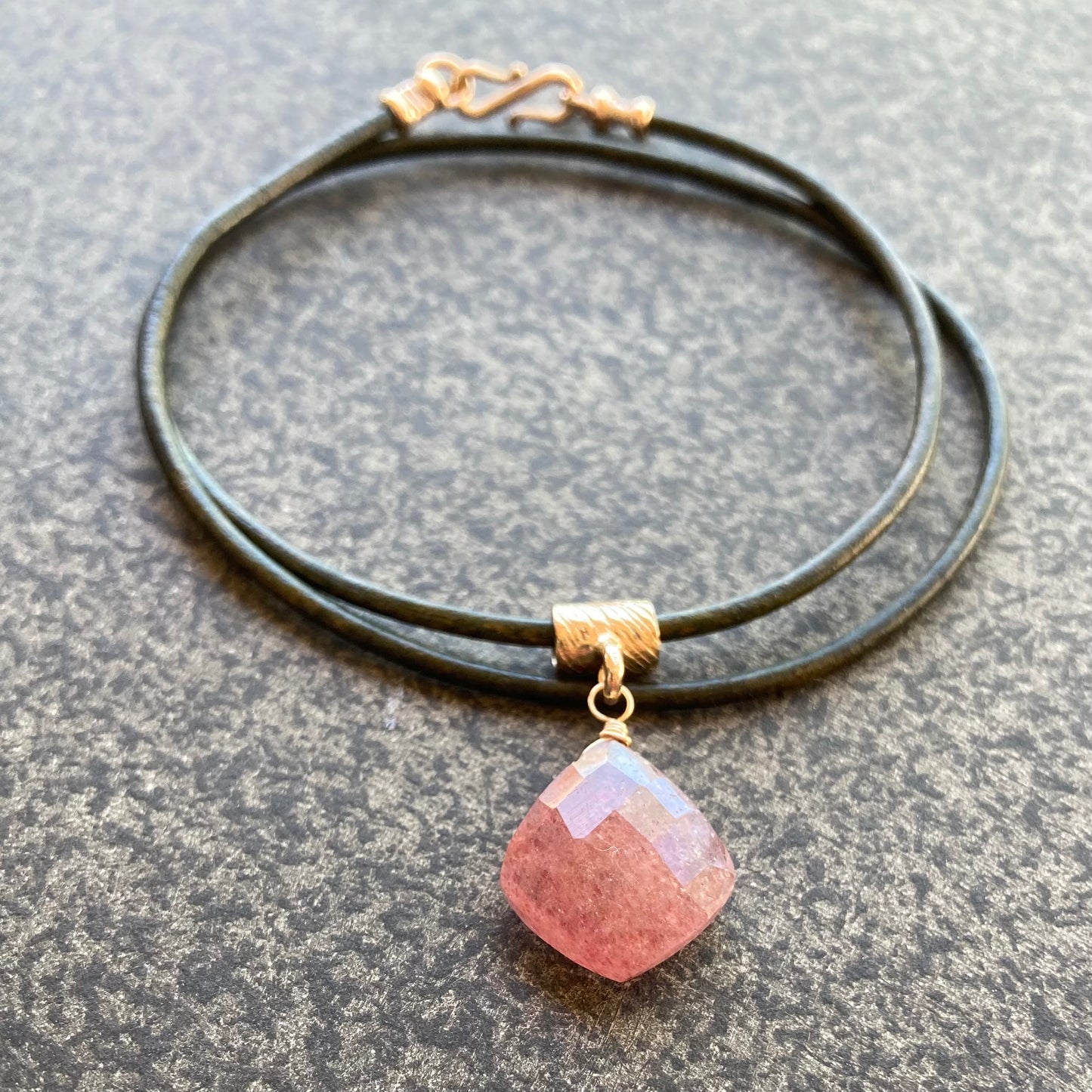 Strawberry Quartz & Bronze Leather Choker