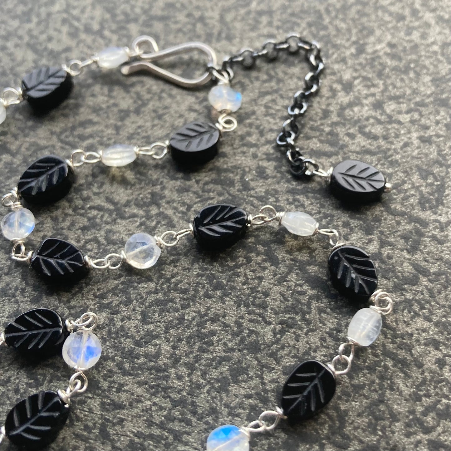 Rainbow Moonstone, Sterling Silver & Black Onyx Leaf Necklace