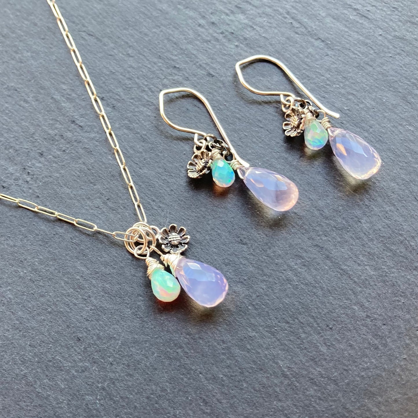 Scorolite, Ethiopian Opal & Sterling Silver Cherry Blossom Charm Necklace