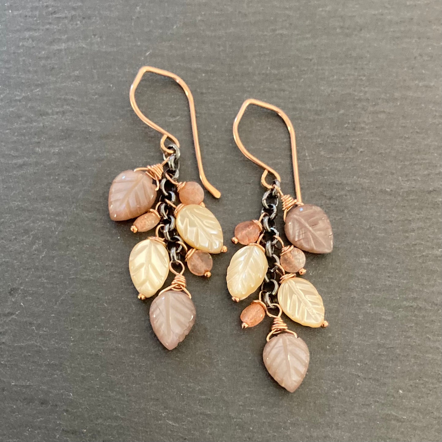 Chocolate Moonstone, Mother of Pearl & Mixed Metal Leaf Cascade Earrings
