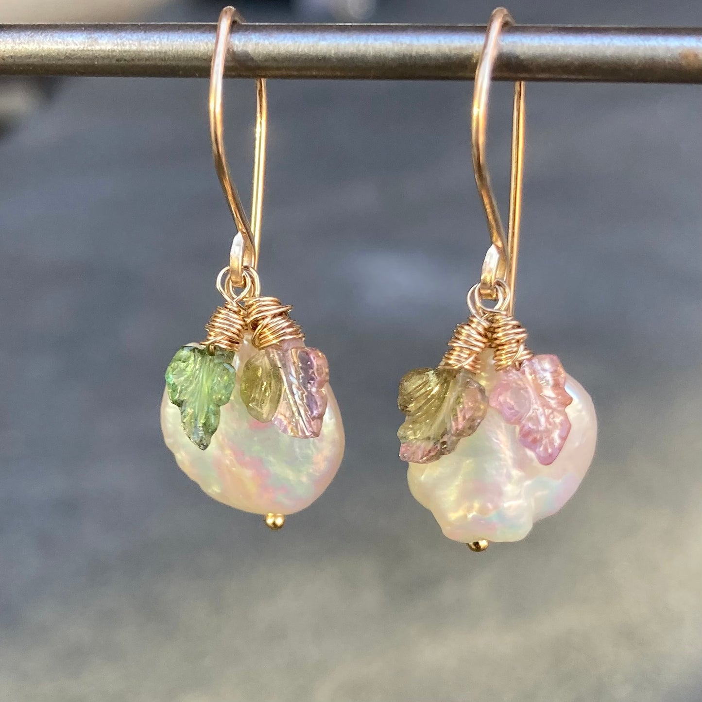 Watermelon Tourmaline Freshwater Coin Pearl & Gold Leaf Earrings