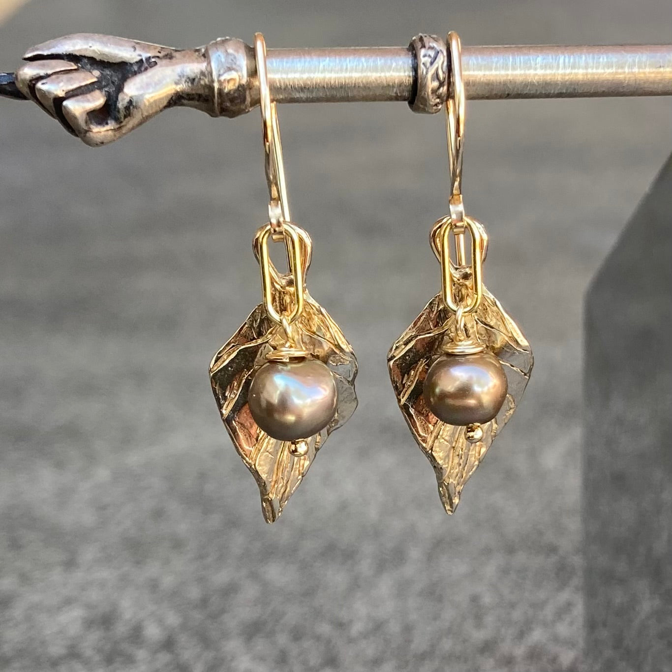 Mocha Freshwater Pearl, Gold & Bronze Leaf Earrings
