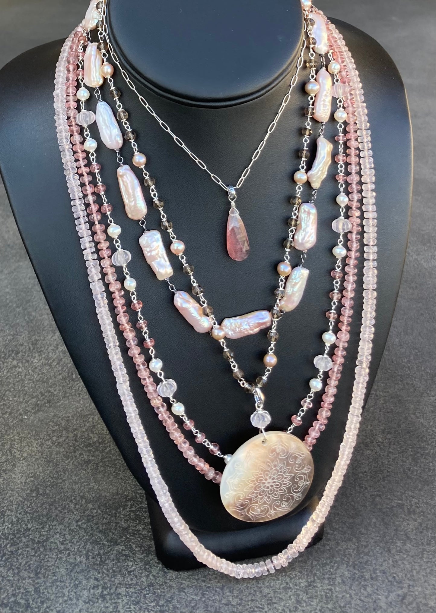 Rose Quartz, Strawberry Quartz, Vintage Freshwater Pearl & Sterling Silver Necklace