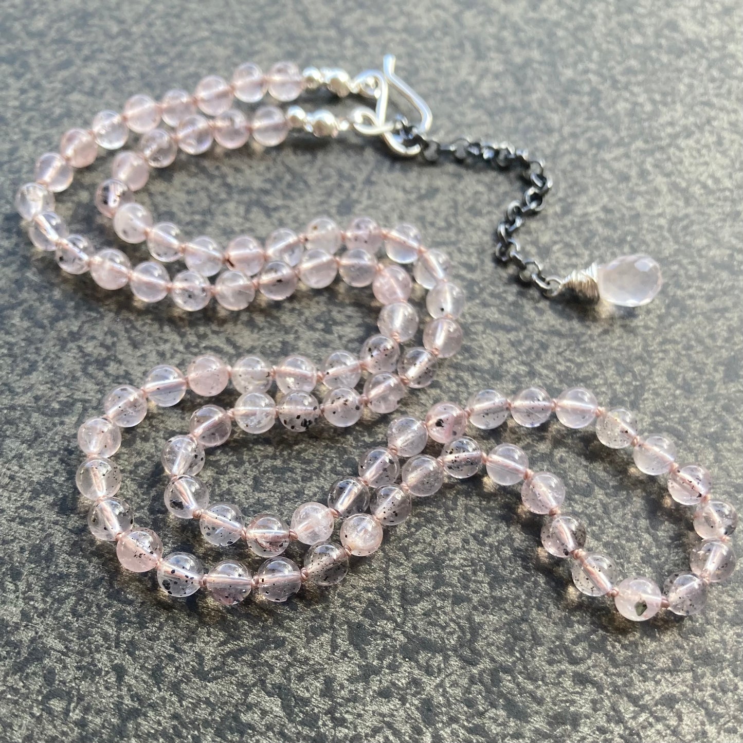 Hematite in Rose Quartz Hand Knotted Blush Silk Necklace