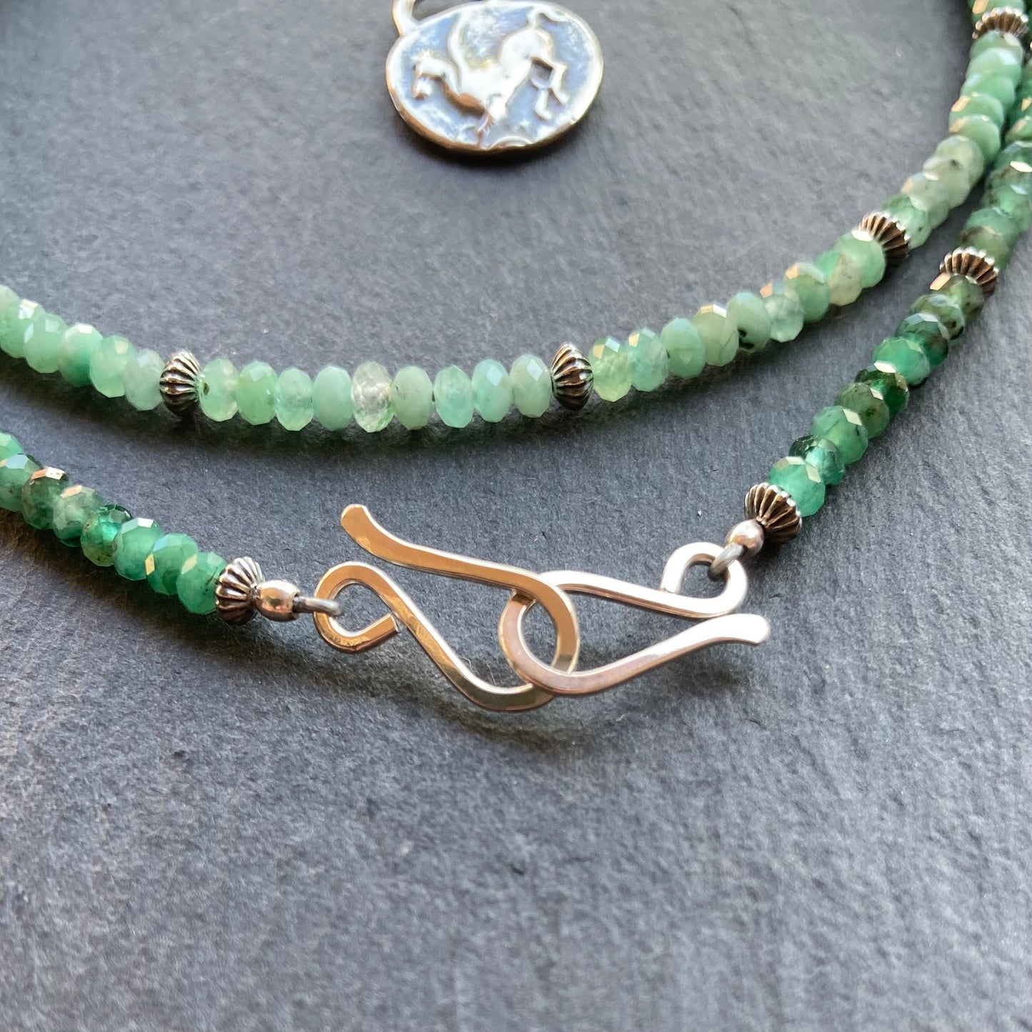 Natural Emerald & Sterling Silver Pegasus & Athena Coin Convertible Necklace
