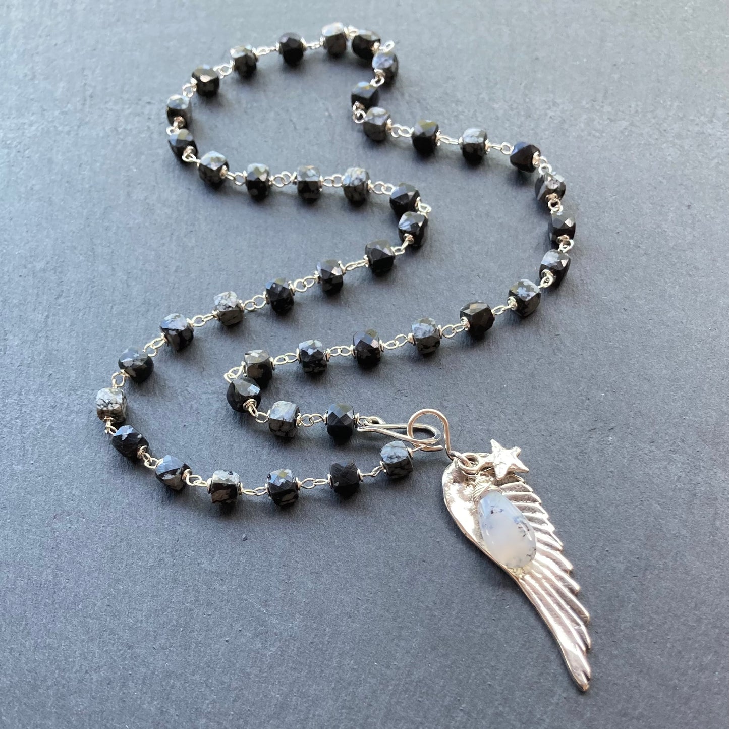 Snowflake Obsidian, Dendritic Opal & Sterling Silver Winged Goddess Necklace