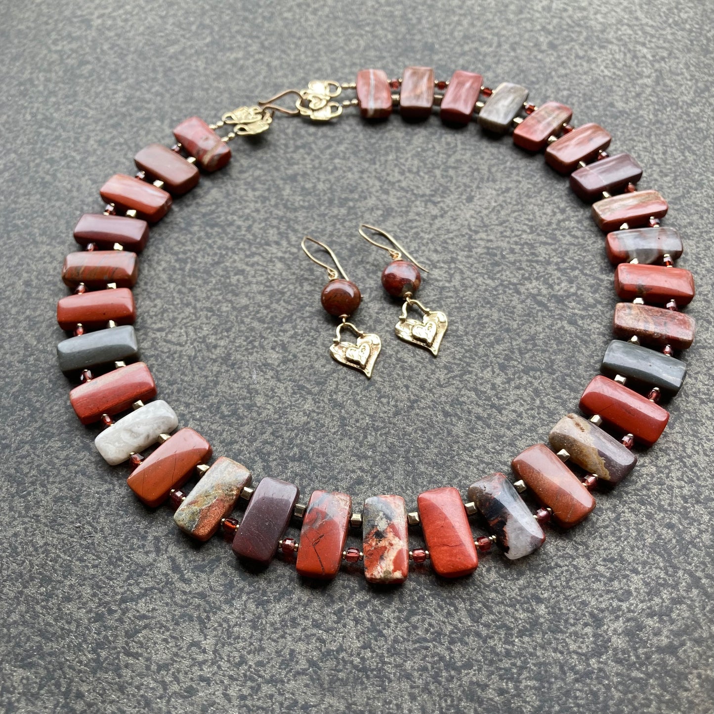 Apple Jasper, Gold & Bronze Heart Earrings