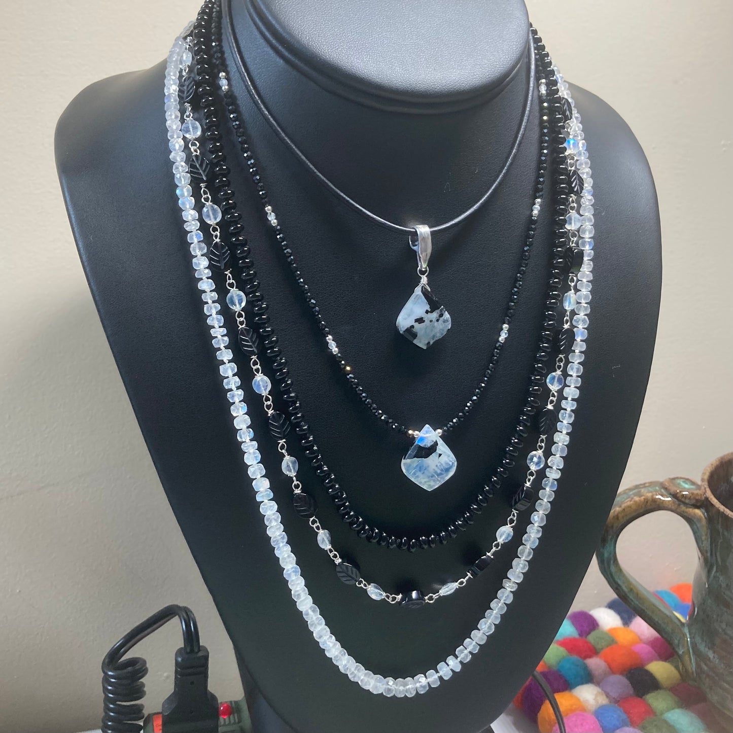 Rainbow Moonstone, Sterling Silver & Black Onyx Leaf Necklace