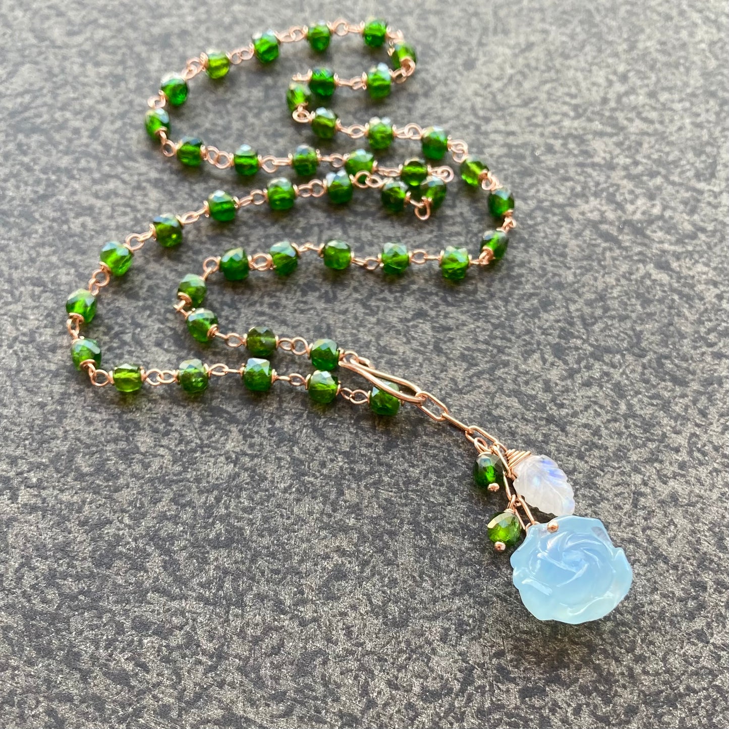 Aquamarine, Chrome Diopside & Rose Gold Lariat Necklace