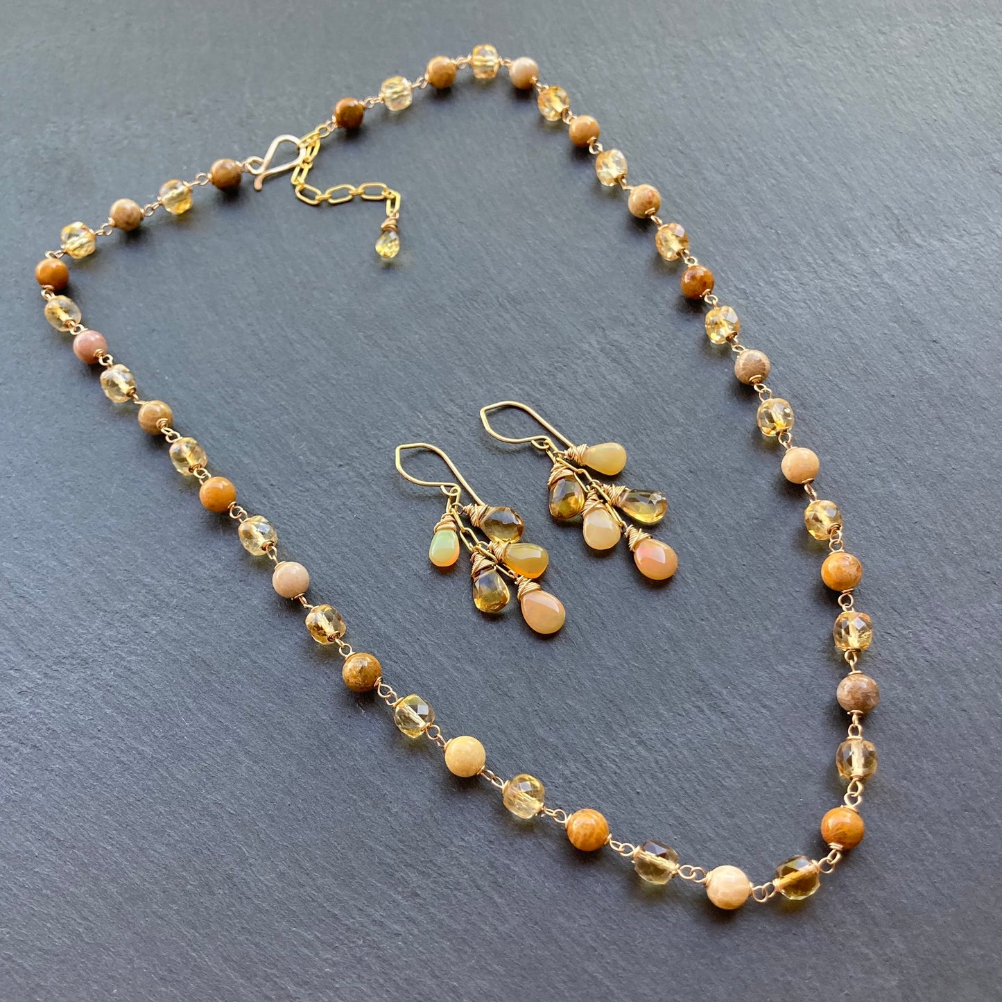 Ethiopian Golden Opal, Citrine & Gold Cascade Earrings