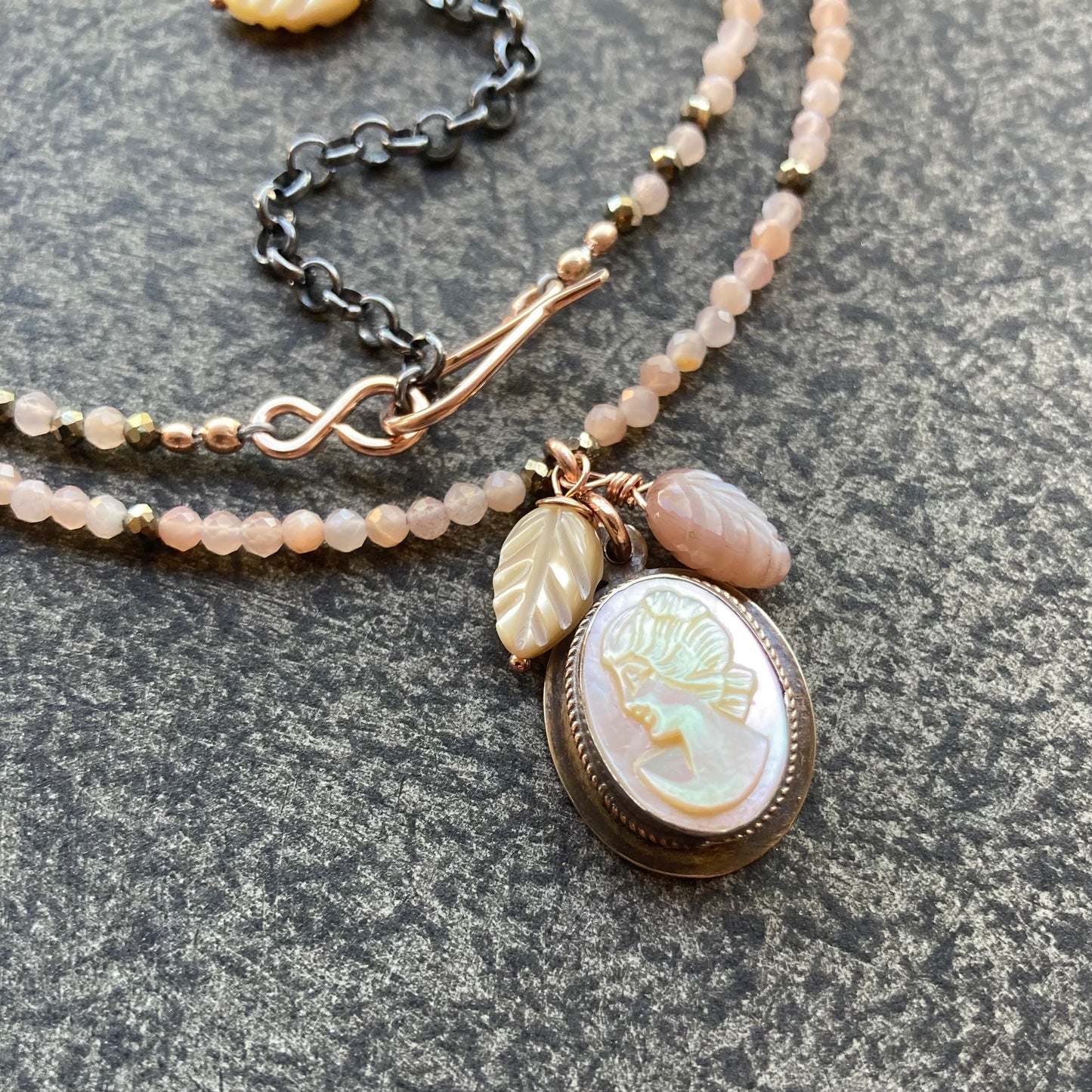 Peach Moonstone & Vintage Mother of Pearl Cameo Pendant Necklace