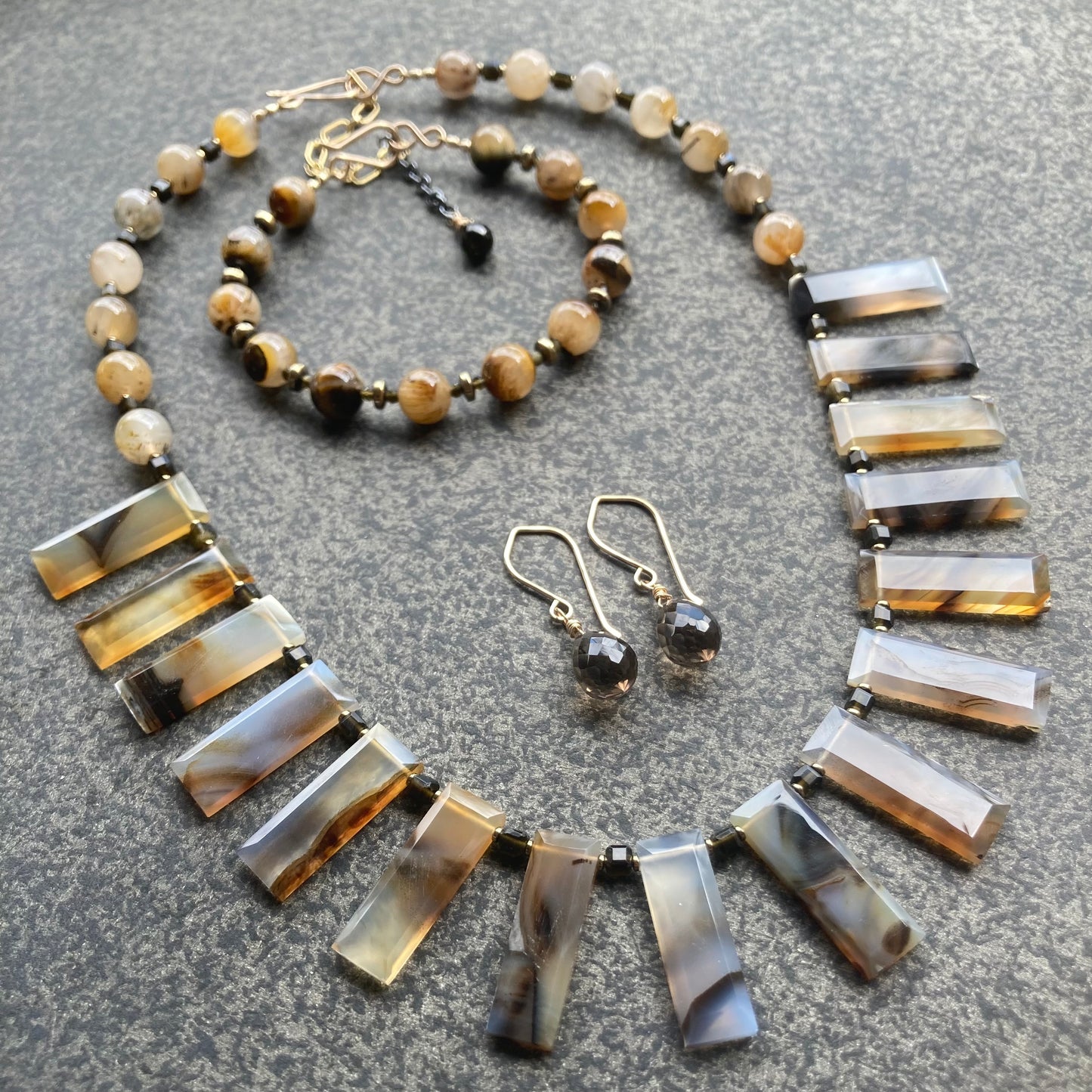 Tiger Eye in Quartz, Gold Sheen Obsidian, Pyrite & Mixed Metal Bracelet