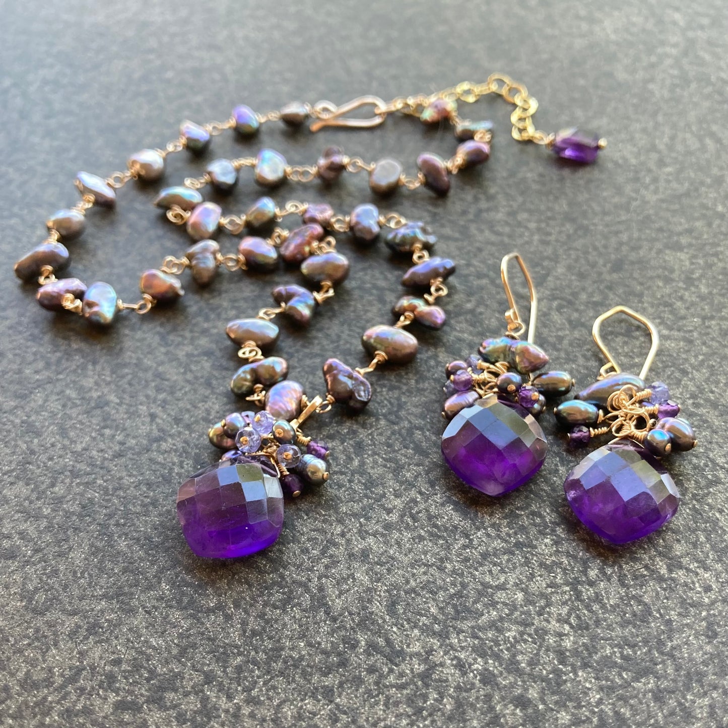 Amethyst, Freshwater Peacock Pearl & Gold Pendant Necklace