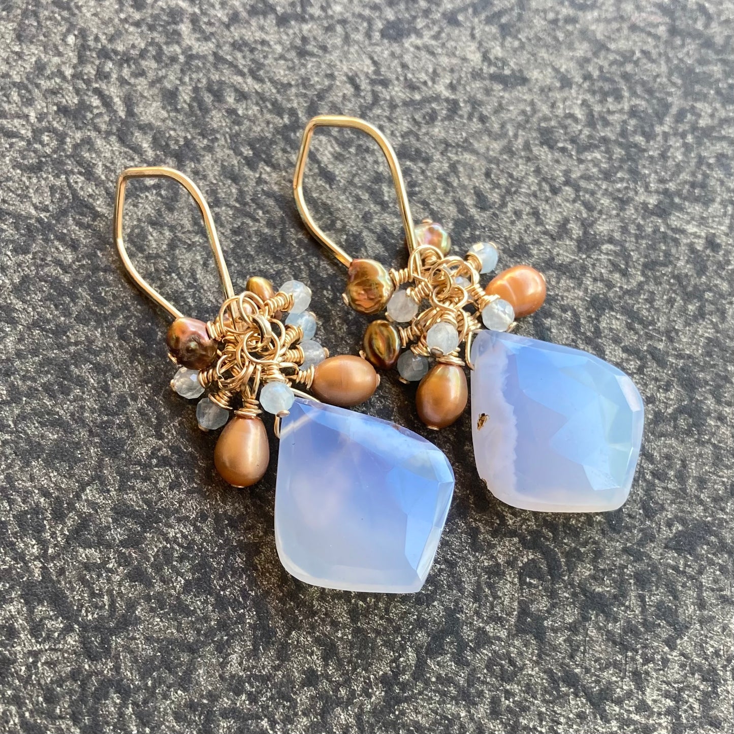 Blue Lace Agate, Copper Freshwater Pearl, Aquamarine & Gold Cluster Earrings
