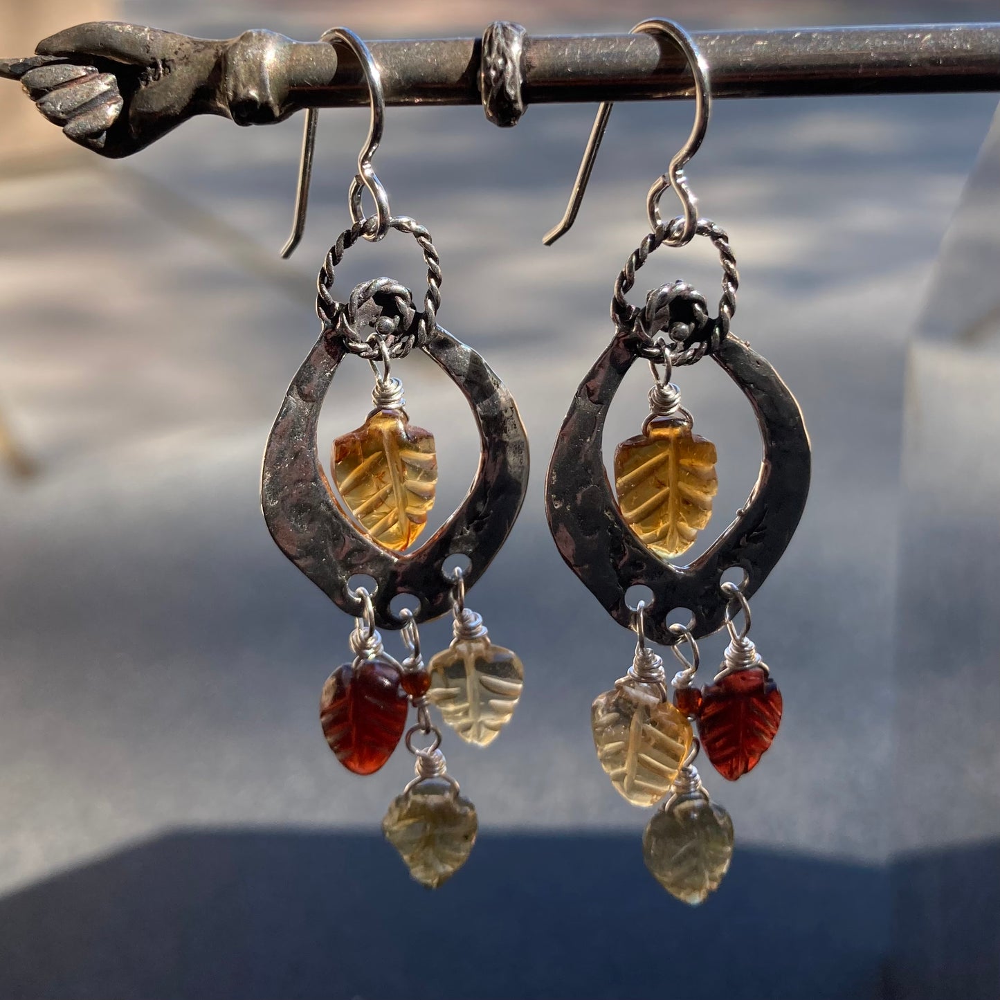 Multi Gemstone & Sterling Silver Artisan Falling Leaves Hoops