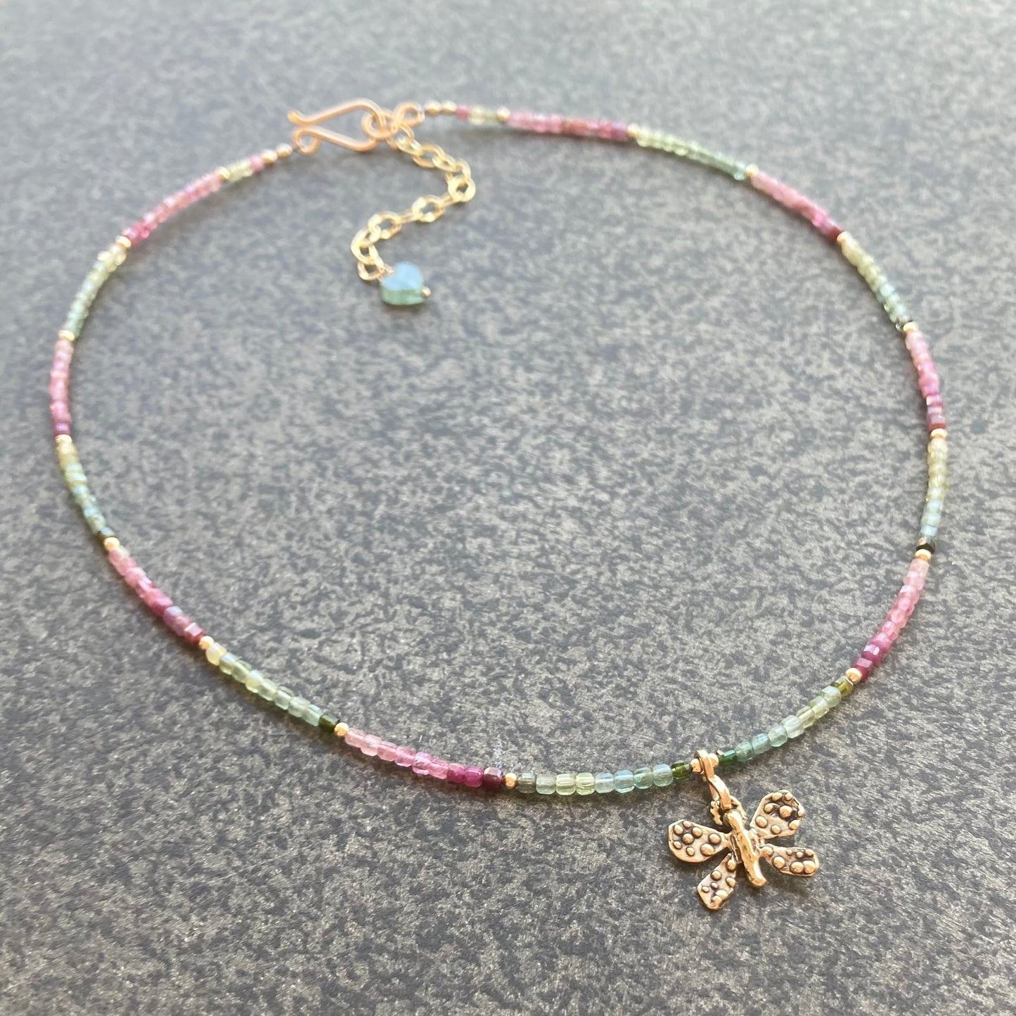 Multicolor Tourmaline, 14k Gold & Bronze Butterfly Necklace