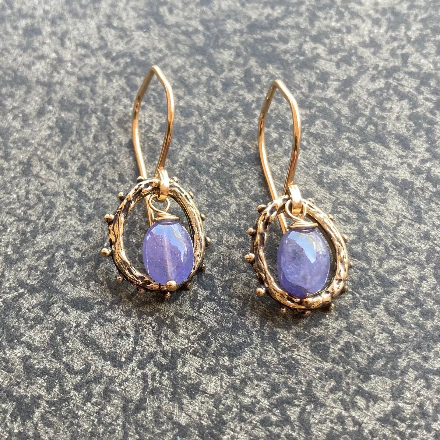 Tanzanite, Gold & Bronze Granulated Hoops