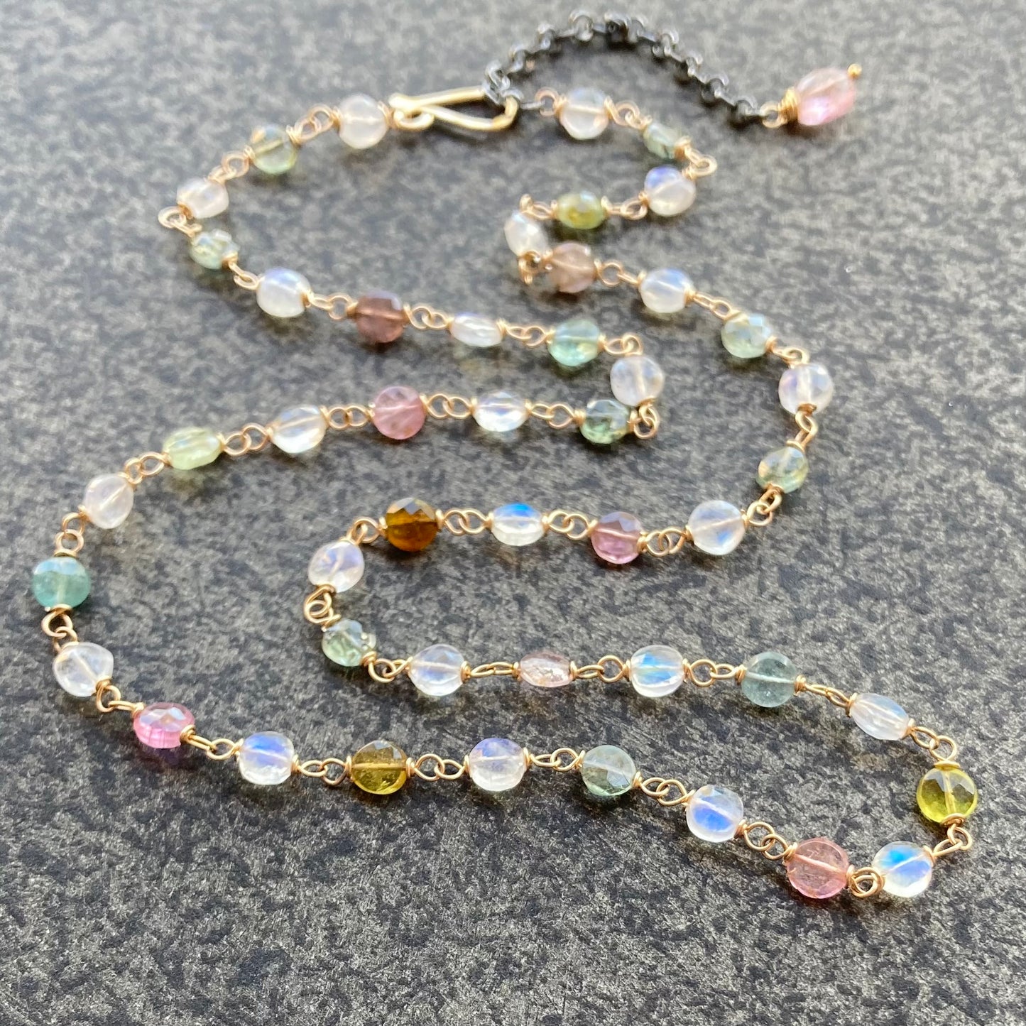 Rainbow Moonstone, Multicolor Tourmaline & Gold Necklace