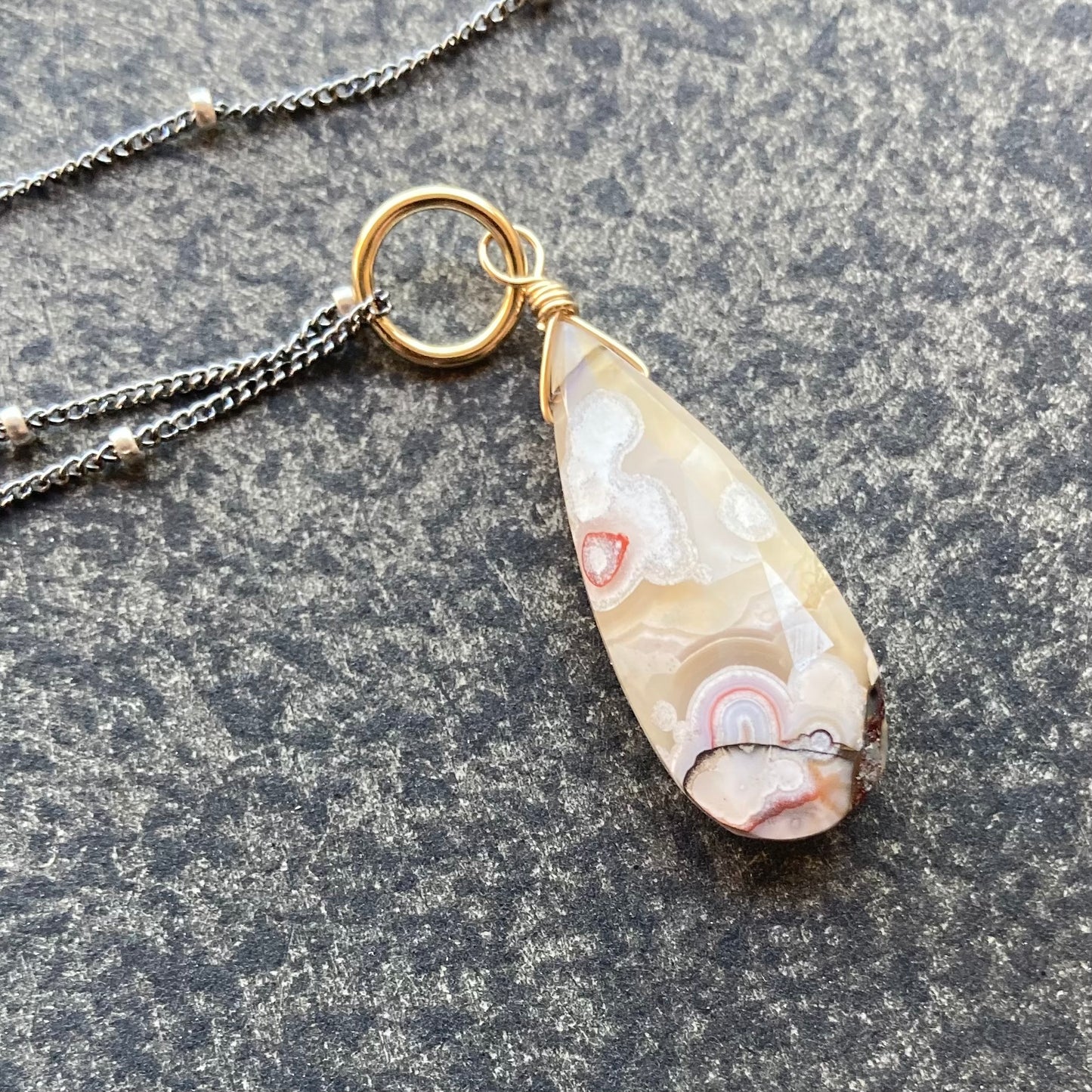 Crazy Lace Agate & Mixed Metal Pendant Necklace
