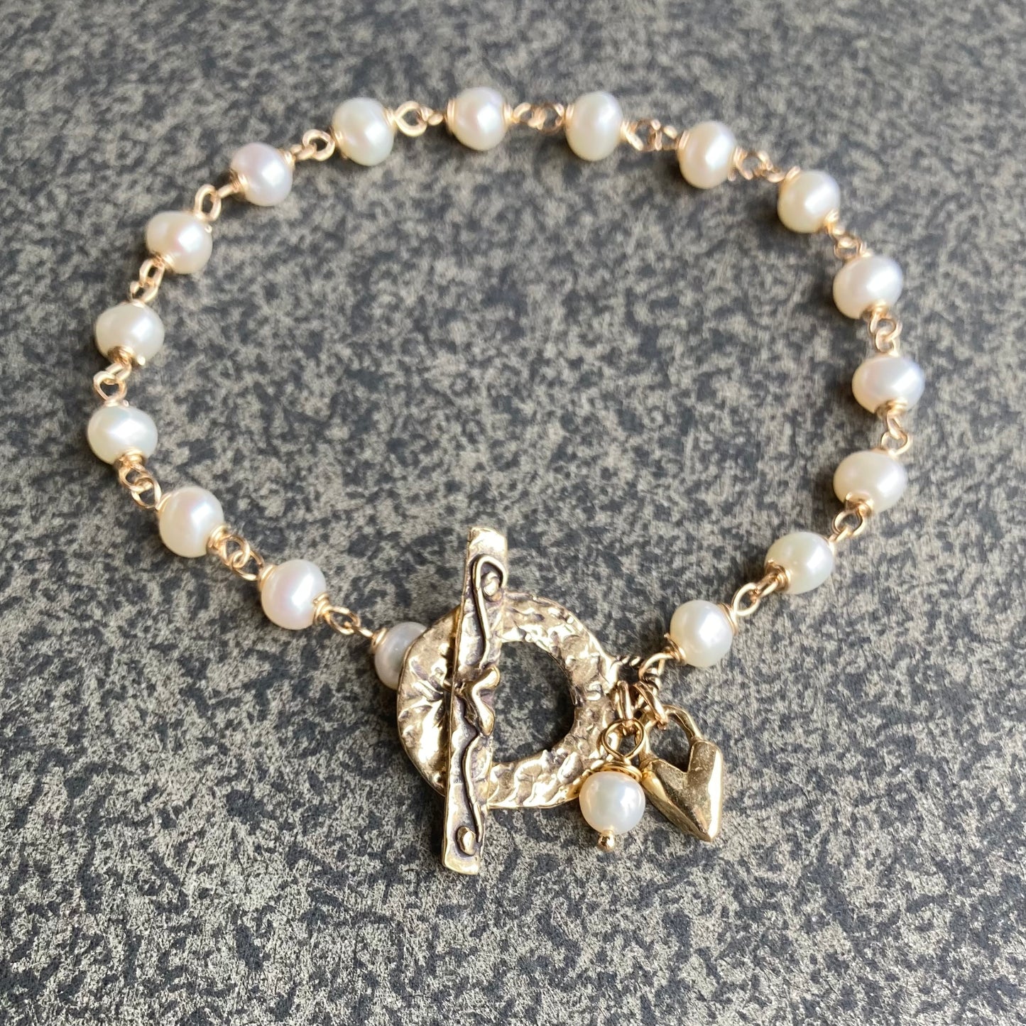 Freshwater Pearl, Gold & Bronze Heart Toggle Charm Bracelet
