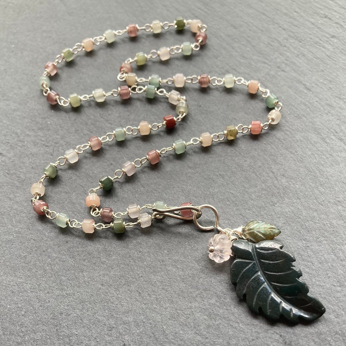 Yanyuan Agate, Sterling Silver & Indian Agate Winter Leaf Charm Necklace