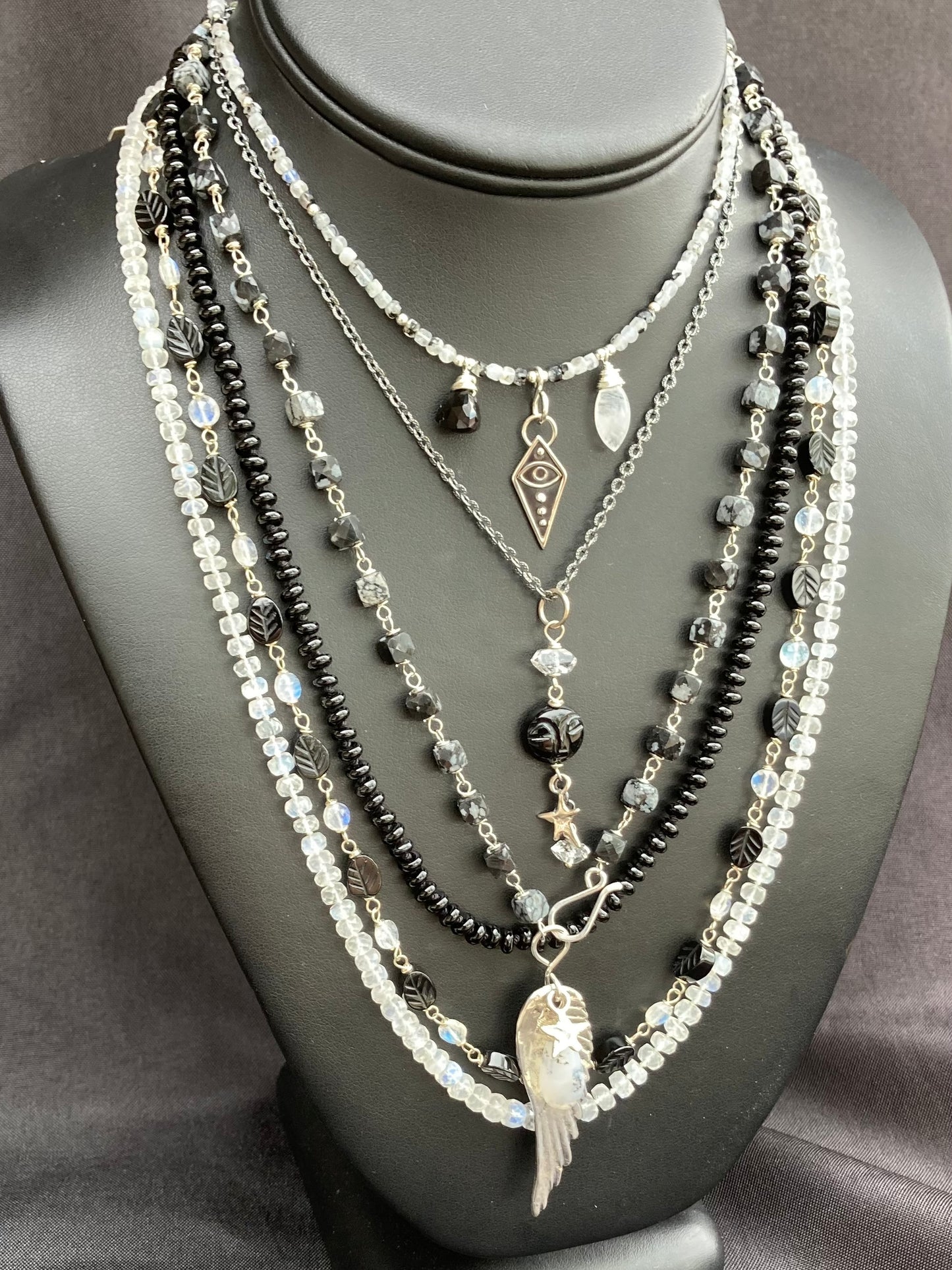 Snowflake Obsidian, Dendritic Opal & Sterling Silver Winged Goddess Necklace