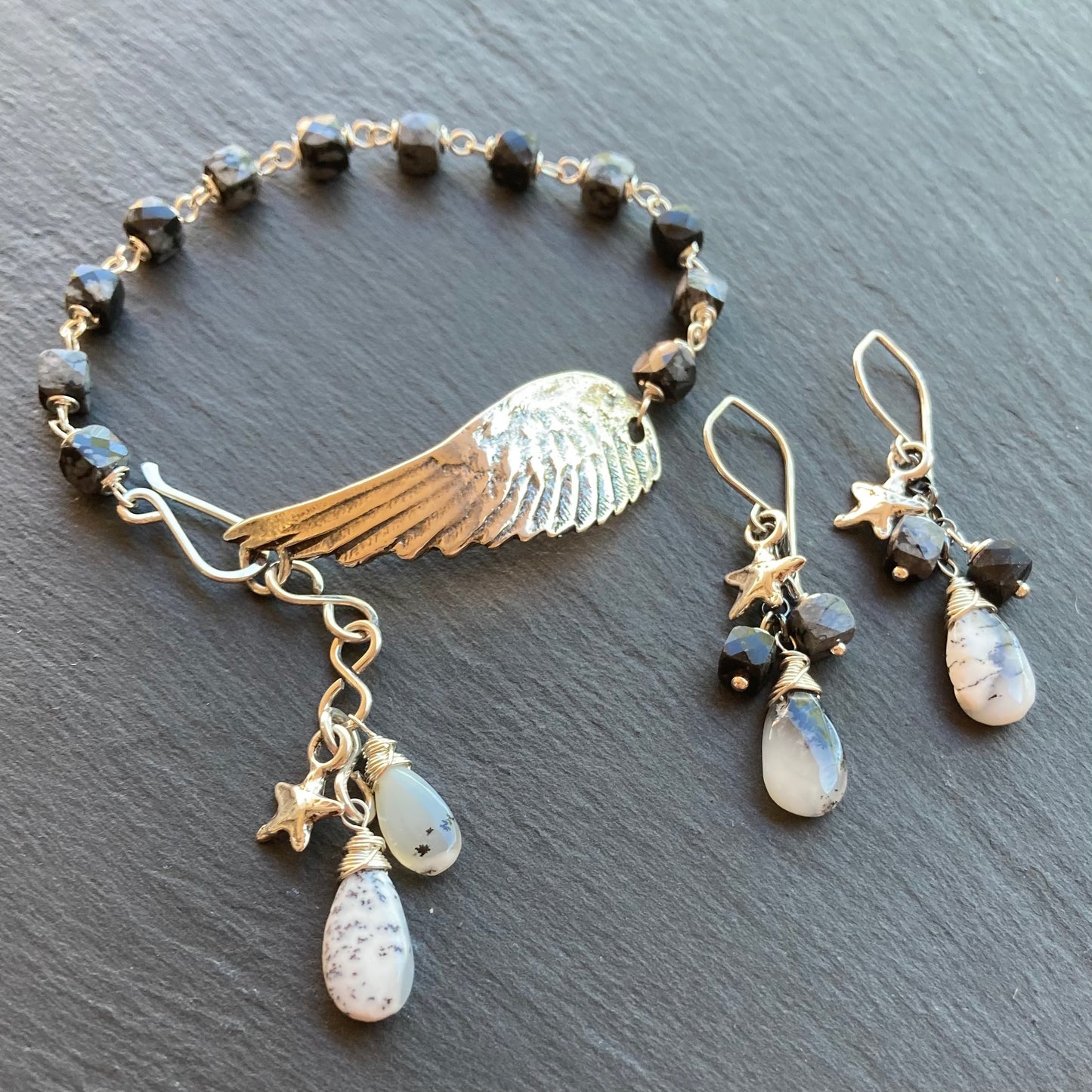 Snowflake Obsidian, Dendritic Opal & Sterling Silver Winged Goddess Bracelet