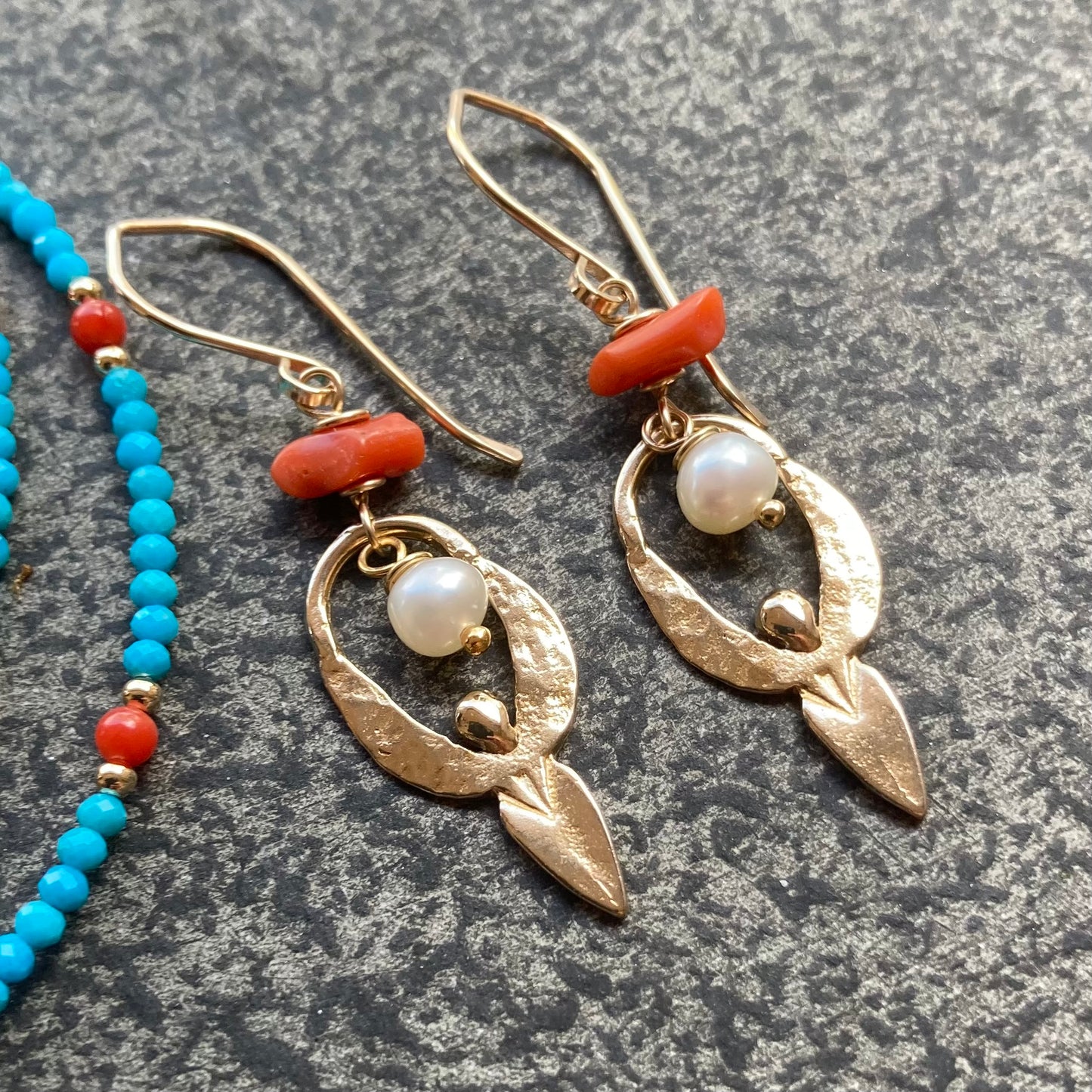 Sleeping Beauty Turquoise, Italian Coral, Gold & Bronze Goddess Pendant Choker