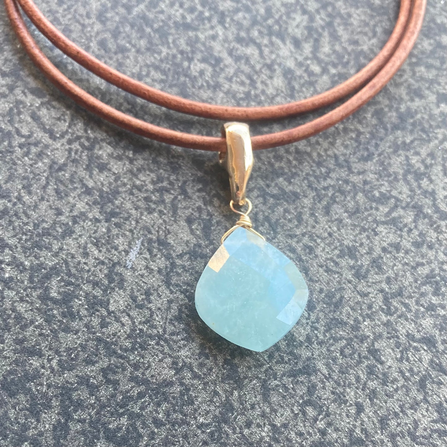 Milky Aquamarine & Bronze Leather Choker