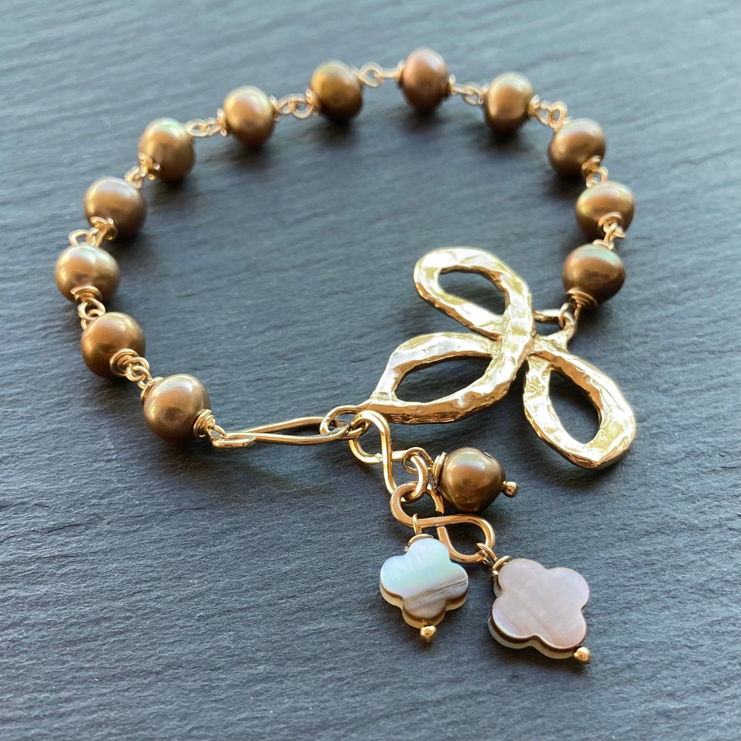 Mocha Freshwater Pearl, Gold & Bronze Fleur di Lis Charm Bracelet