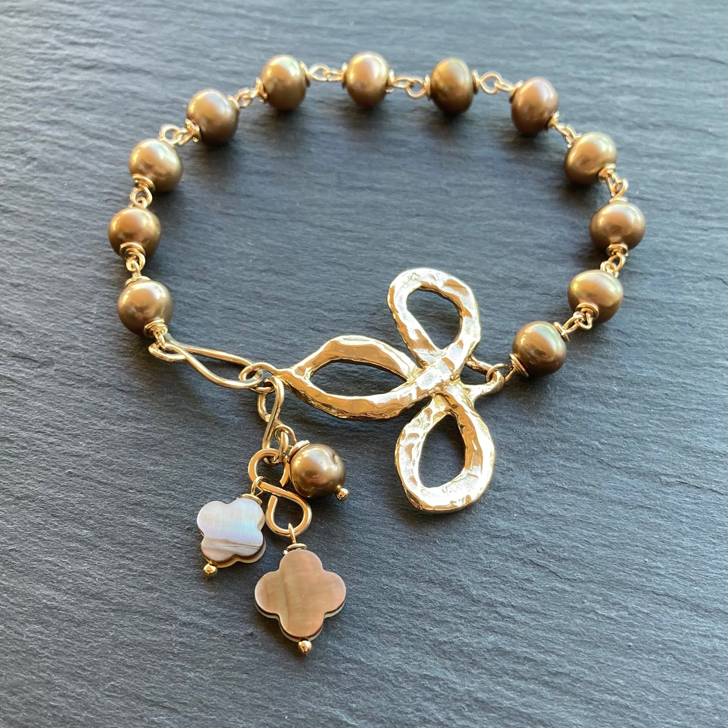 Mocha Freshwater Pearl, Gold & Bronze Fleur di Lis Charm Bracelet