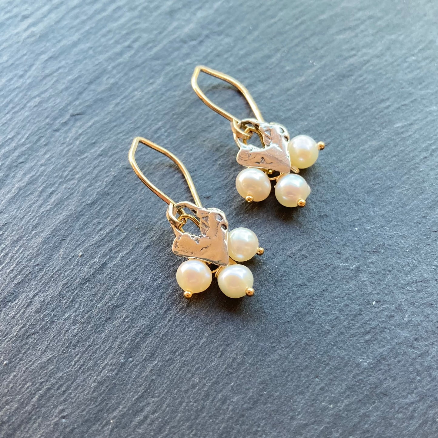 Freshwater Pearl, Gold & Sterling Silver Heart Earrings