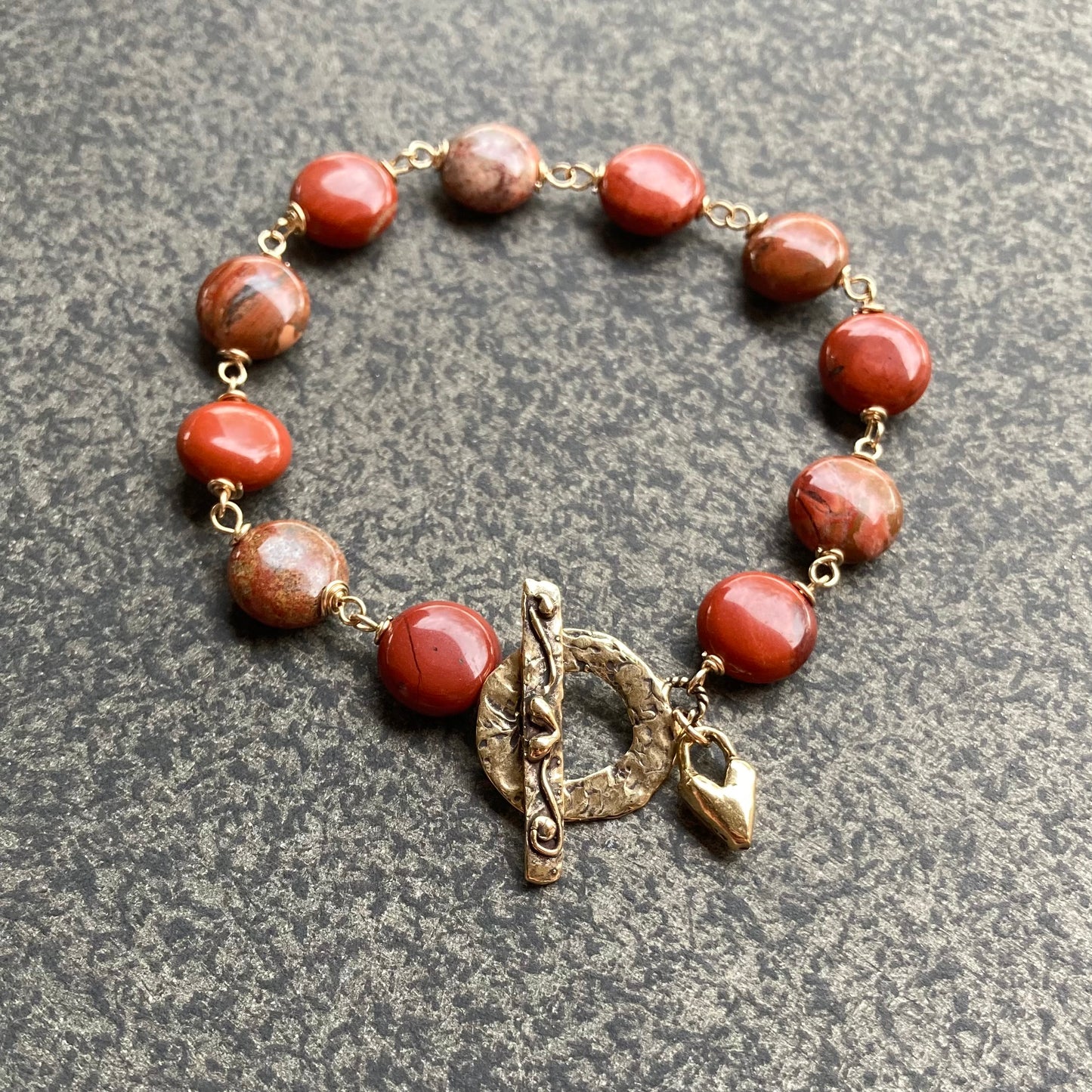 Apple Jasper, Gold & Bronze Heart Toggle Bracelet