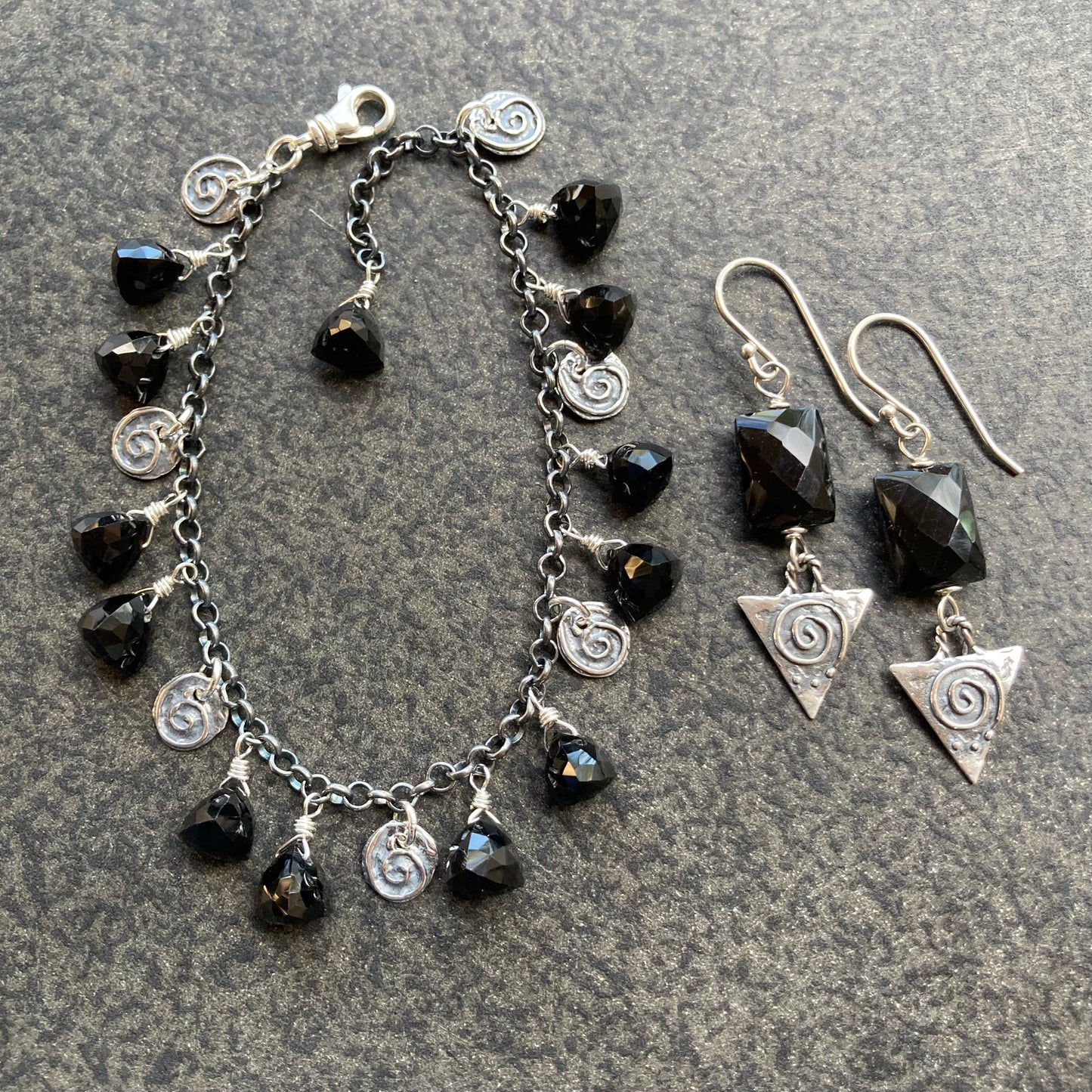 Black Onyx & Sterling Silver Sacred Spiral Charm Bracelet