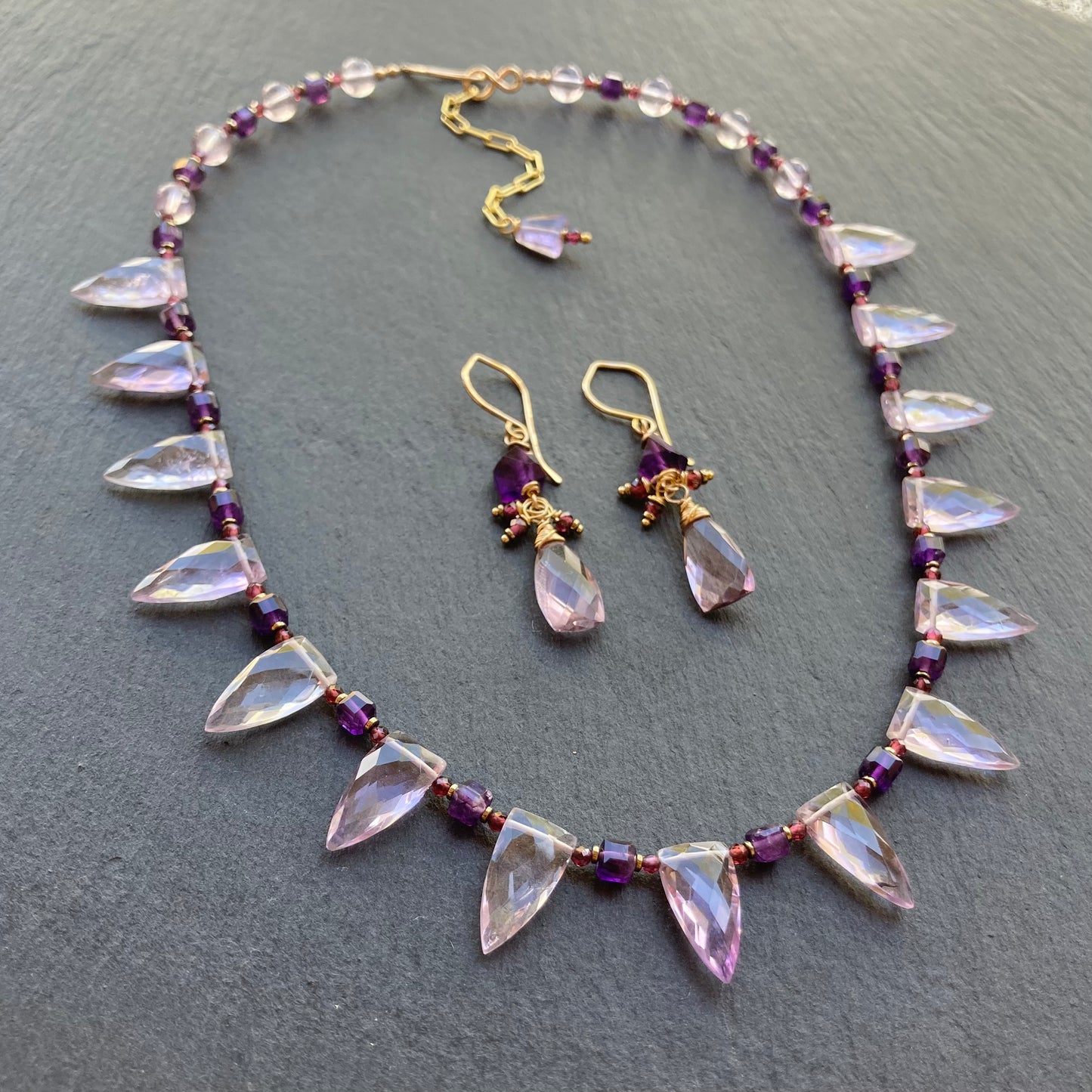 Amethyst, Rhodolite Garnet & Gold Spearhead Collar