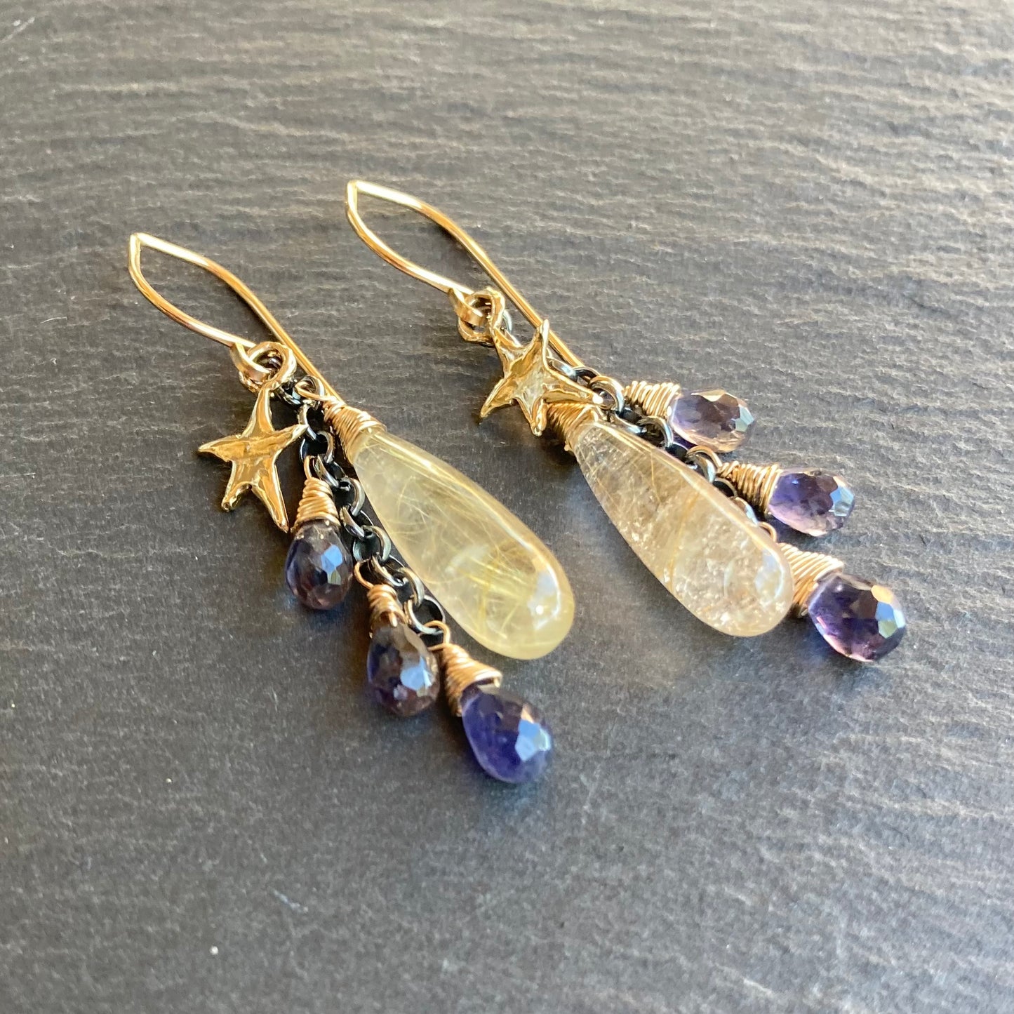 Golden Rutilated Quartz, Iolite & Mixed Metal Autumn Sky Cascade Earrings