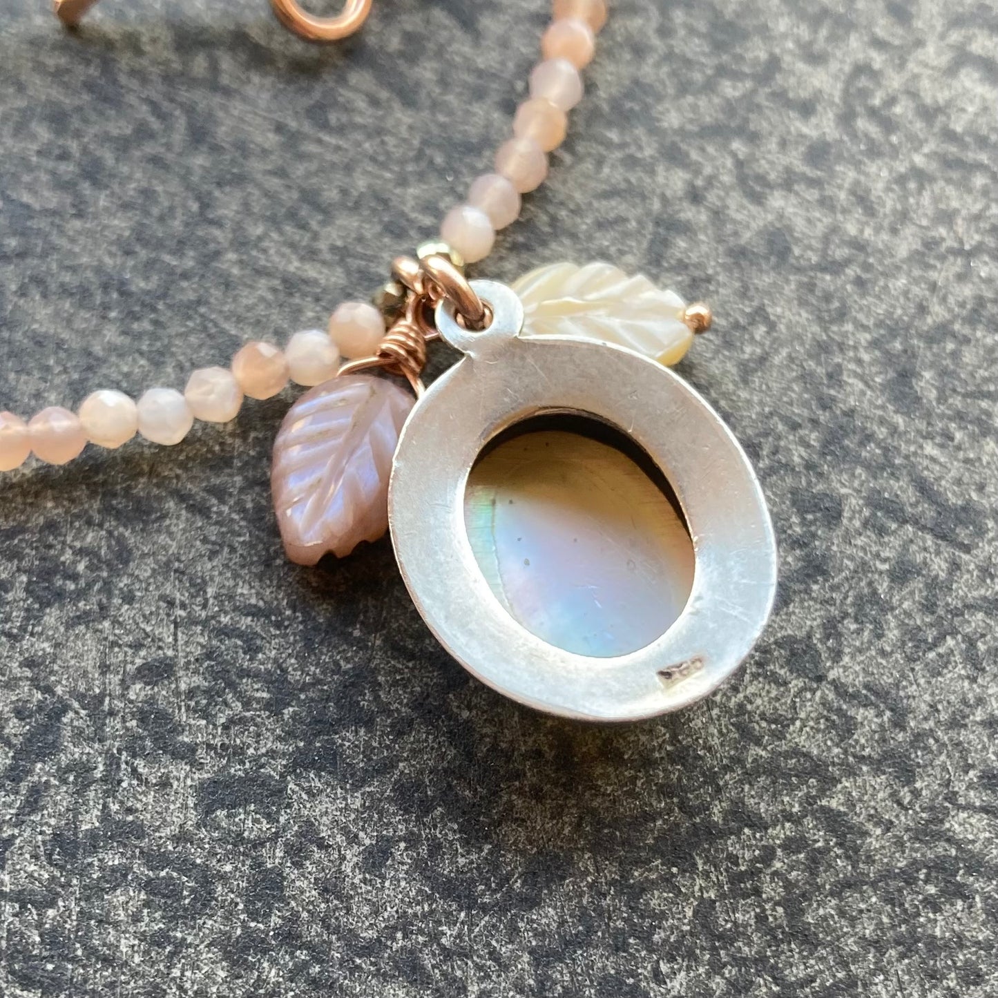 Peach Moonstone & Vintage Mother of Pearl Cameo Pendant Necklace