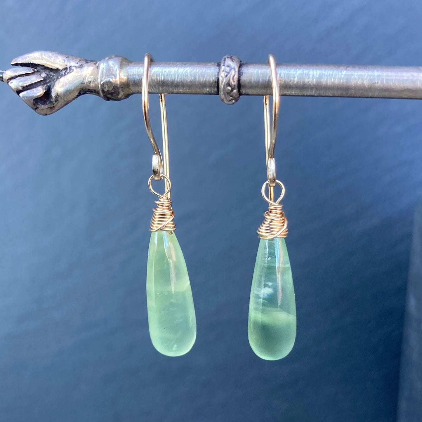 Prehnite & Gold Long Drop Earrings