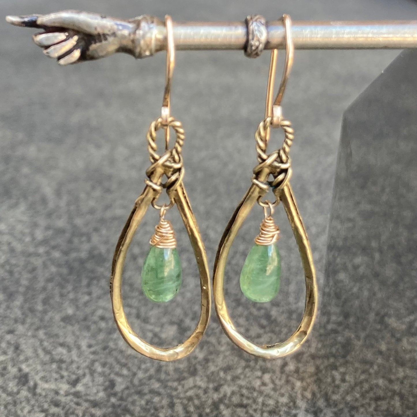 Green Kyanite, Gold & Bronze Teardrop Hoops