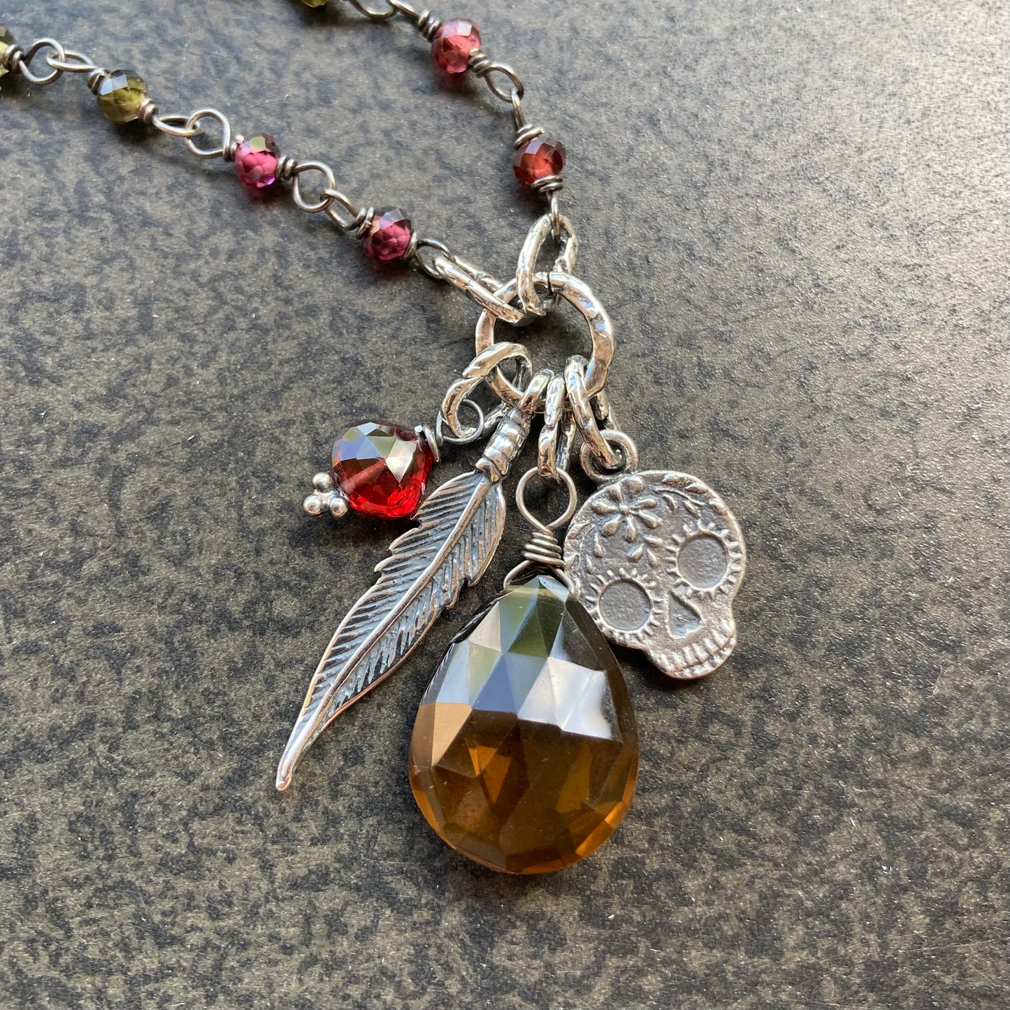 Beer Quartz & Tundra Sapphire Oxidized Sterling Silver Anne Choi Sugar Skull Charm Necklace
