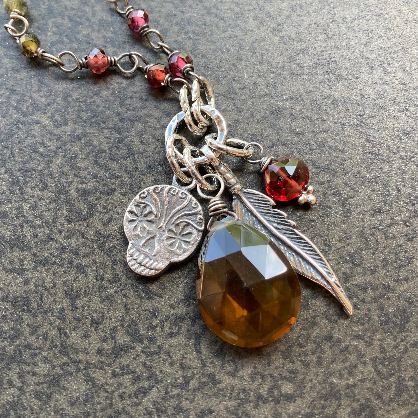 Beer Quartz & Tundra Sapphire Oxidized Sterling Silver Anne Choi Sugar Skull Charm Necklace