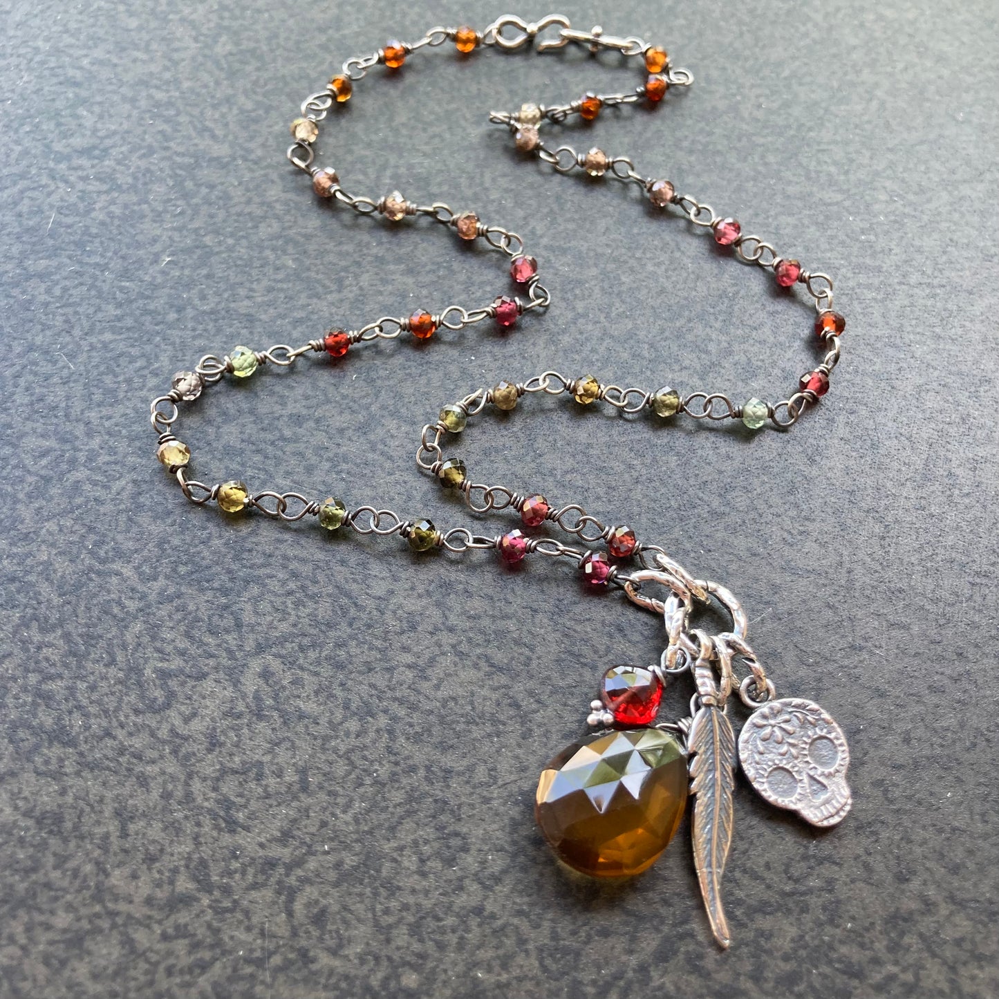 Beer Quartz & Tundra Sapphire Oxidized Sterling Silver Anne Choi Sugar Skull Charm Necklace