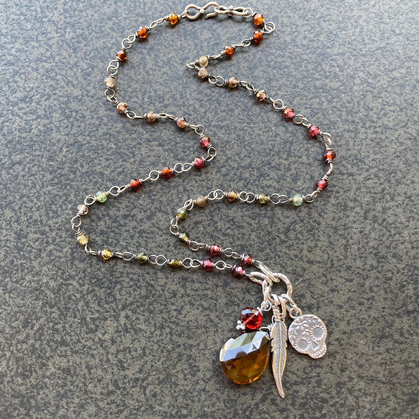 Beer Quartz & Tundra Sapphire Oxidized Sterling Silver Anne Choi Sugar Skull Charm Necklace