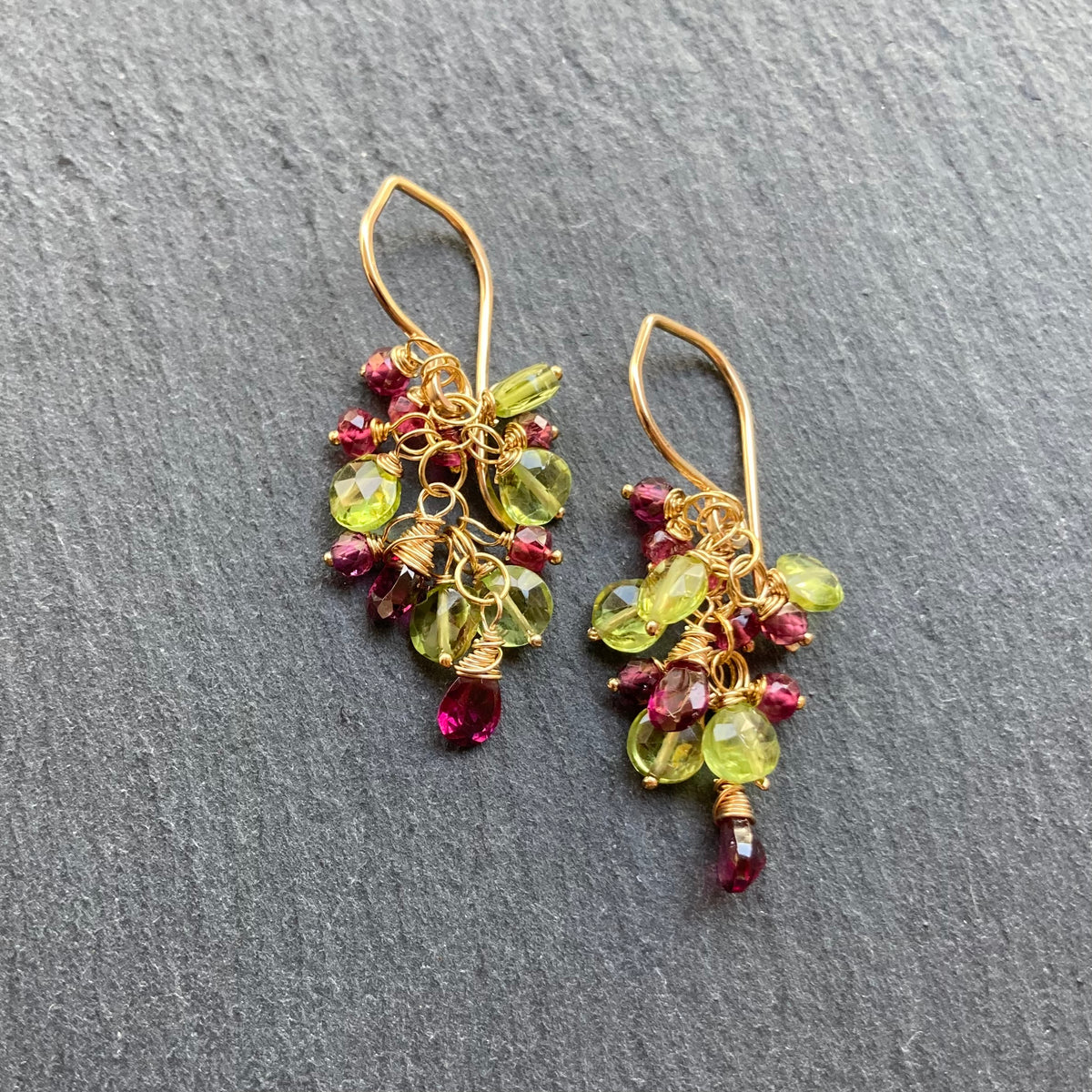 Custom Peridot, Rhodolite, Rubelite & Gold Cascade Earrings