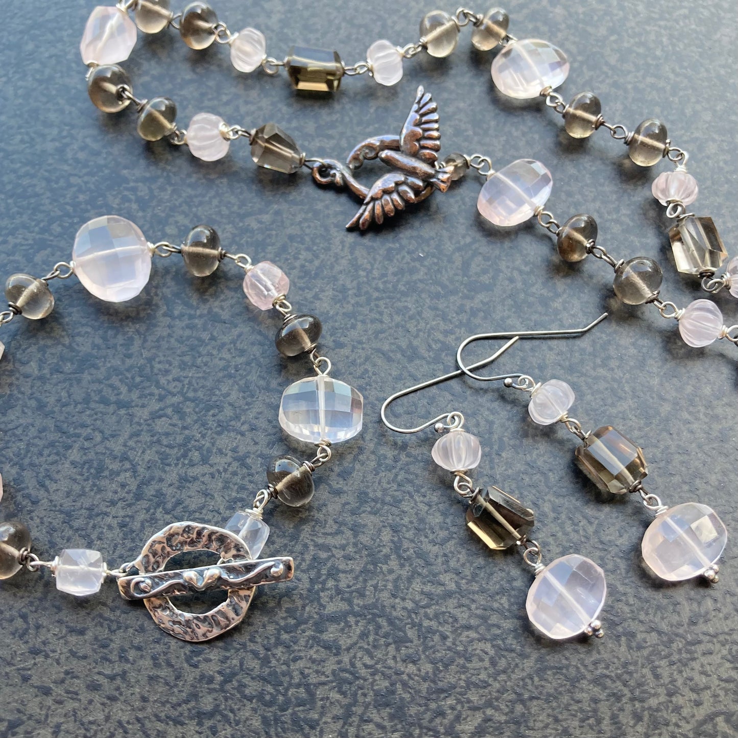 Rose Quartz, Smoky Quartz & Sterling Silver Bracelet