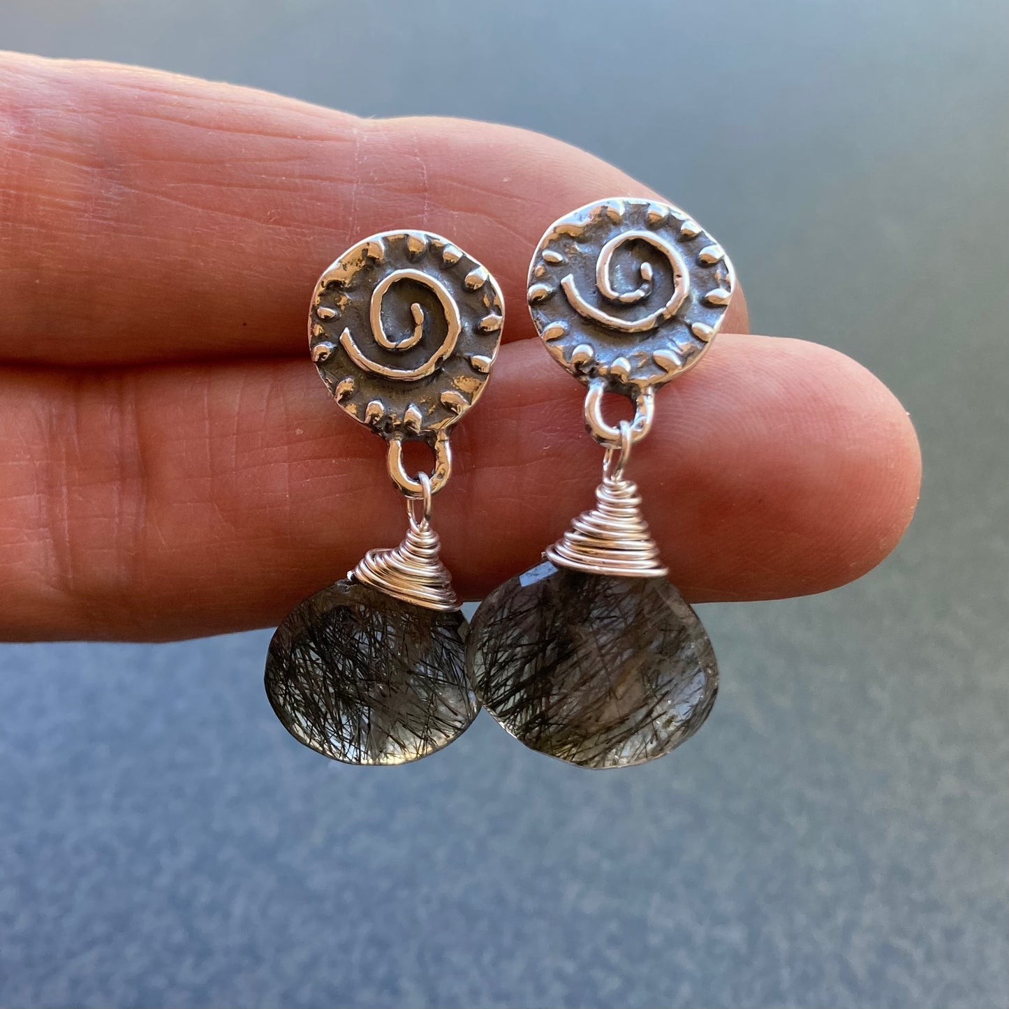 Black Rutilated Quartz & Sterling Silver Spiral Studs