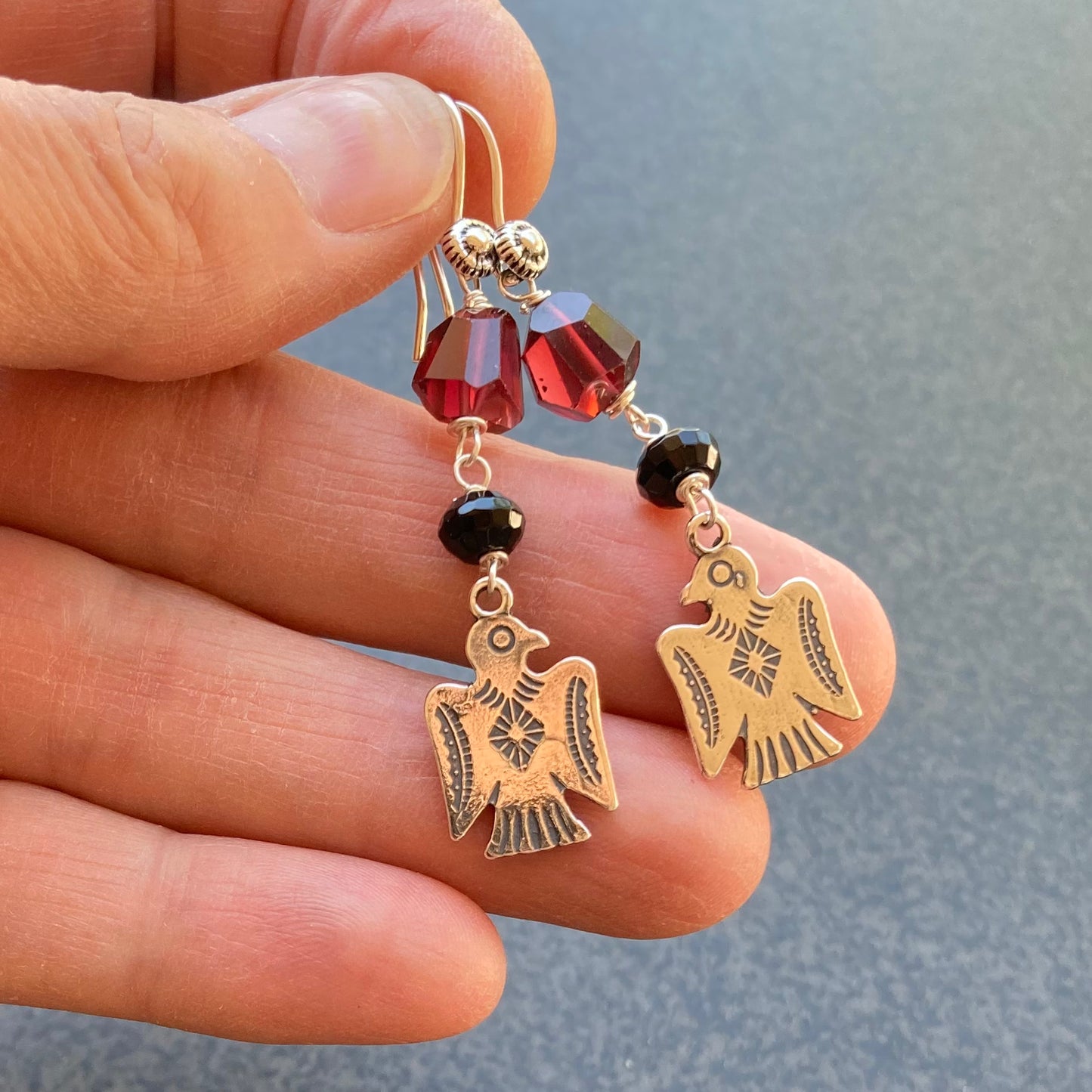 Mozambique Garnet, Black Onyx & Sterling Silver Thunderbird Earrings